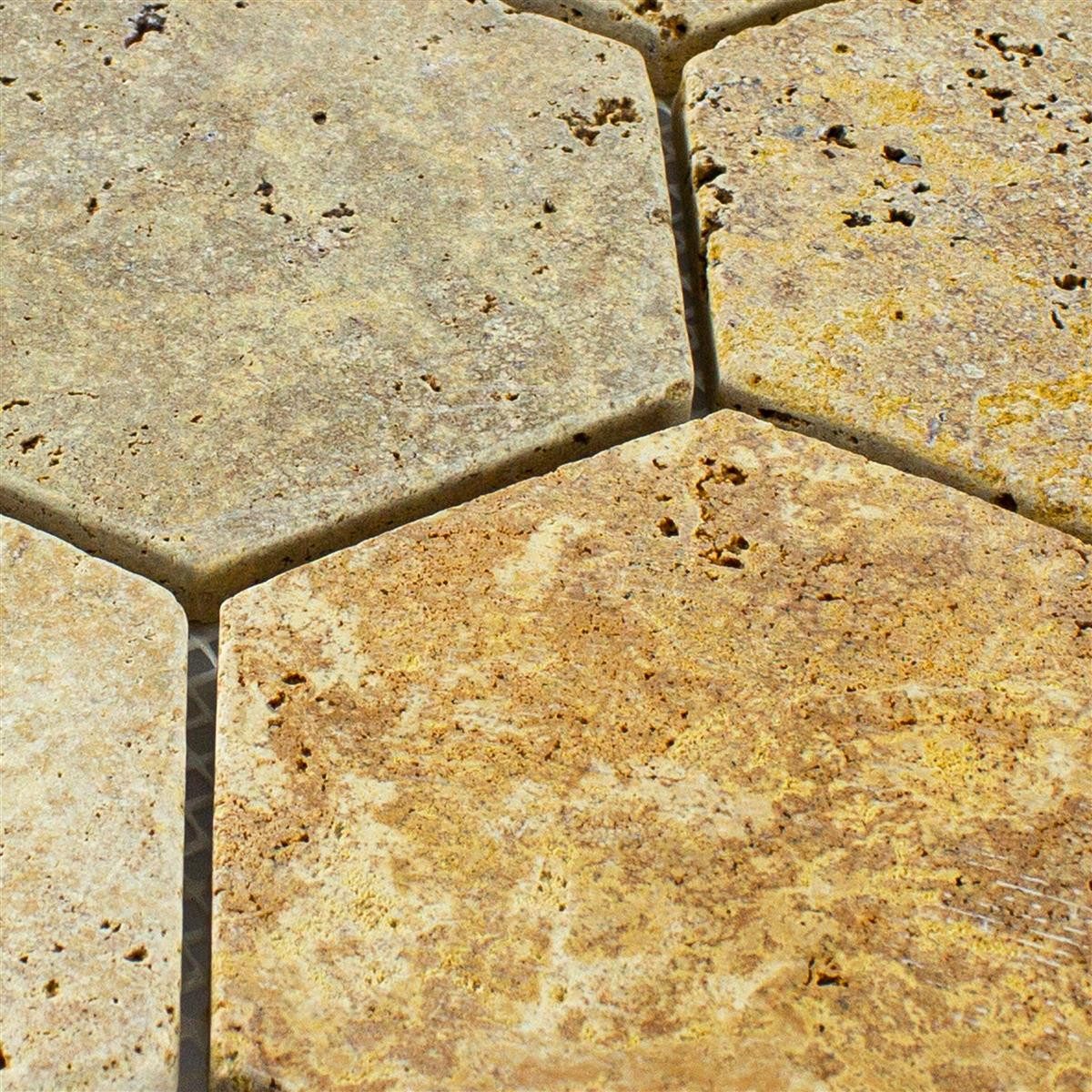 Mosafil Mosaikfliesen Travertin Naturstein Mosaikfliesen Mercado Sechseck, Naturstein-Travertin 26.200x19.900, gold, Verlegefertig auf ein Netz geklebt - Frostsicher - Wasserfest -