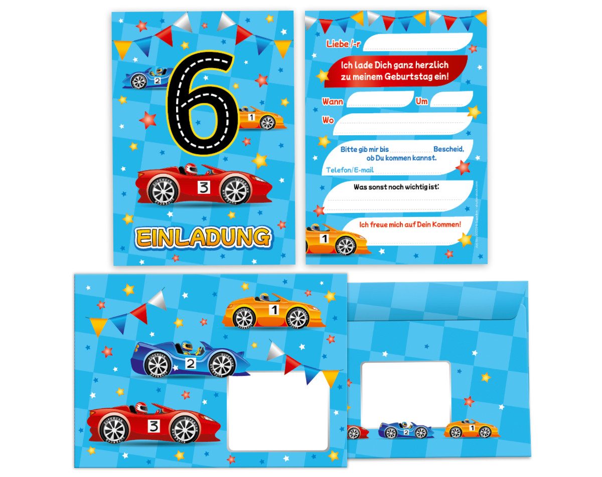 JUNAPACK Einladungskarten Auto zum 6. Kindergeburtstag Jungen Einladungen Rennauto Umschläge, Einladungskarten mit Umschlägen zum 6. Geburtstag Auto