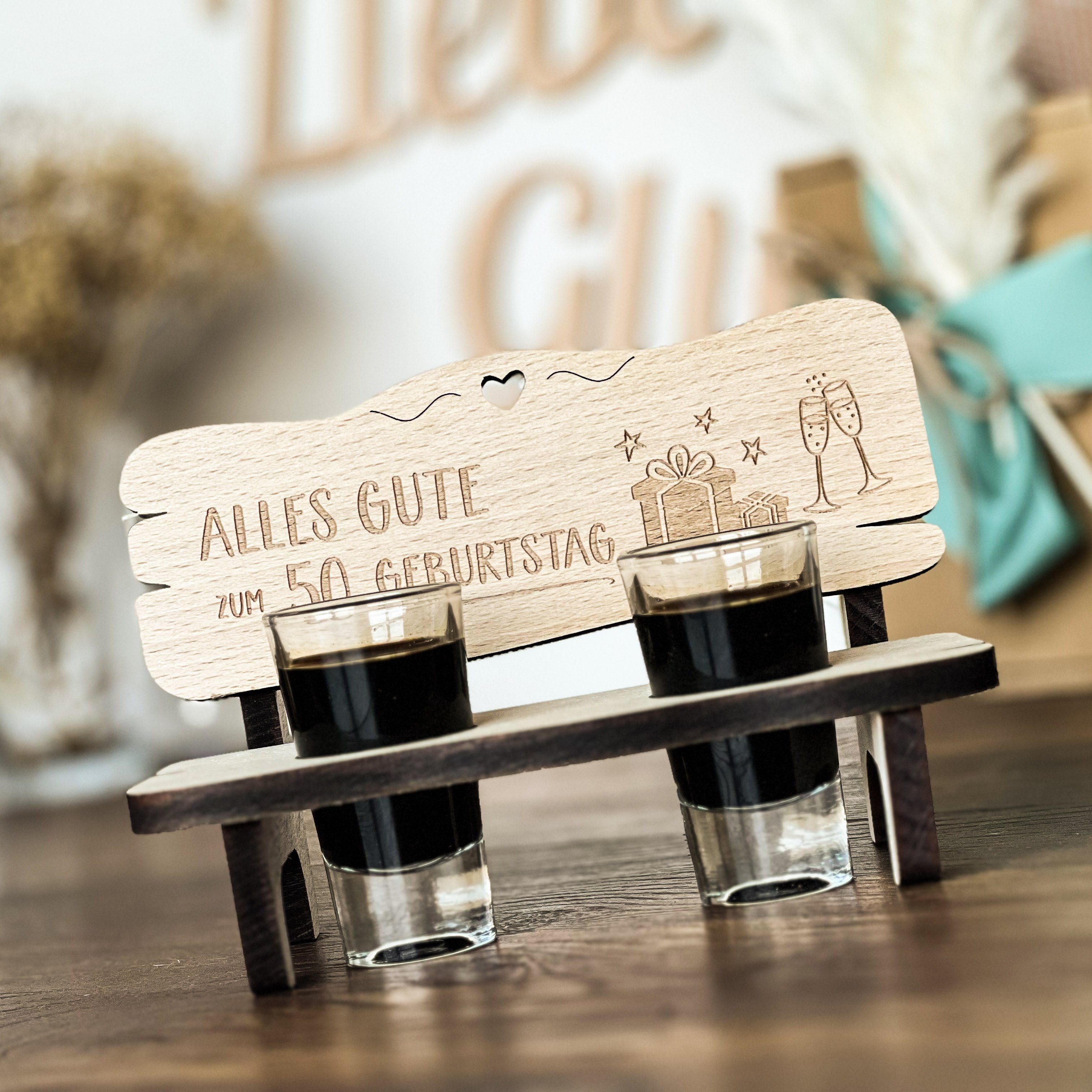 Spruchreif® Trinkschale Schnapsbank mit Gravur · Schnapsbank mit 2 Gläsern