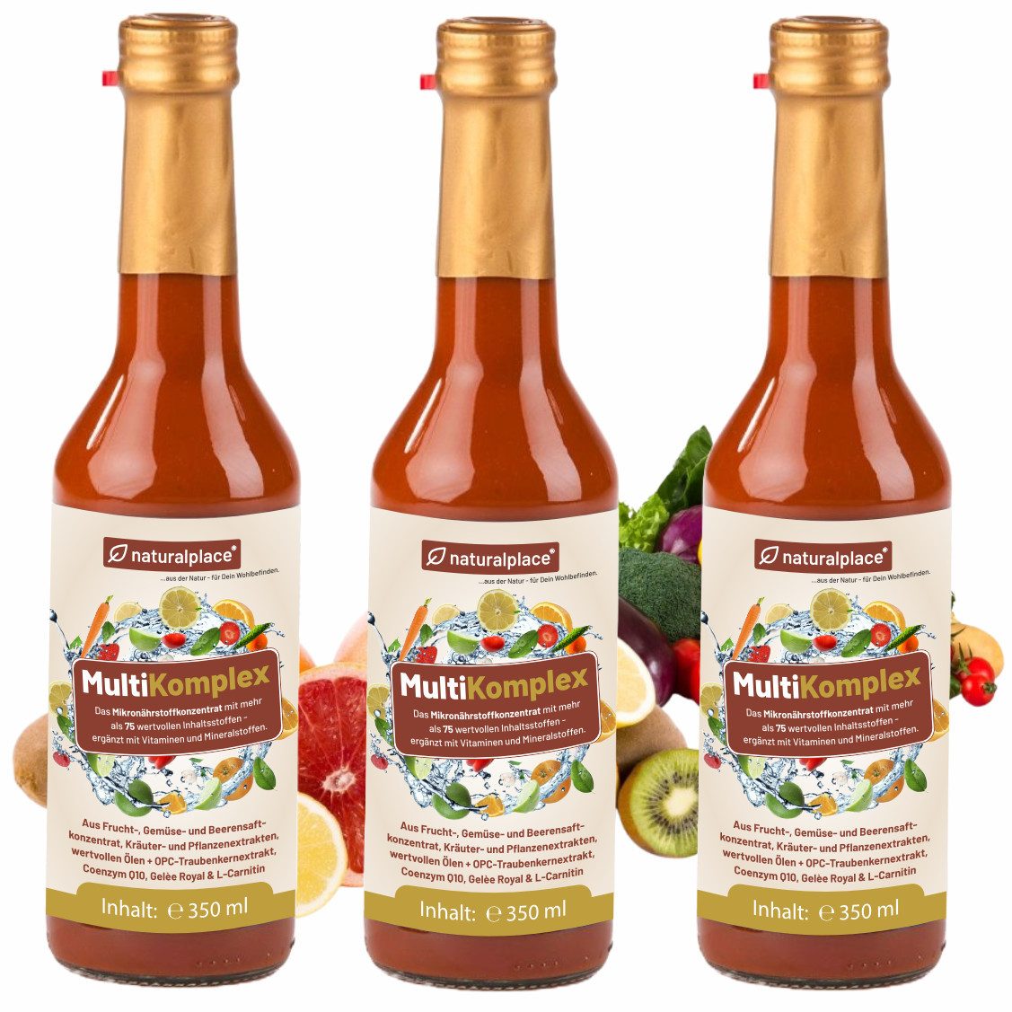 naturalplace® MultiKomplex - aus Früchten, Gemüse, Beeren, Kräutern und Pflanzen - Mikronährstoffkonzentrat, Multivitamin, 1050 ml, über 75 hochwertige Inhaltsstoffe + OPC, Q10, Gelee Royal, L-Carnitin
