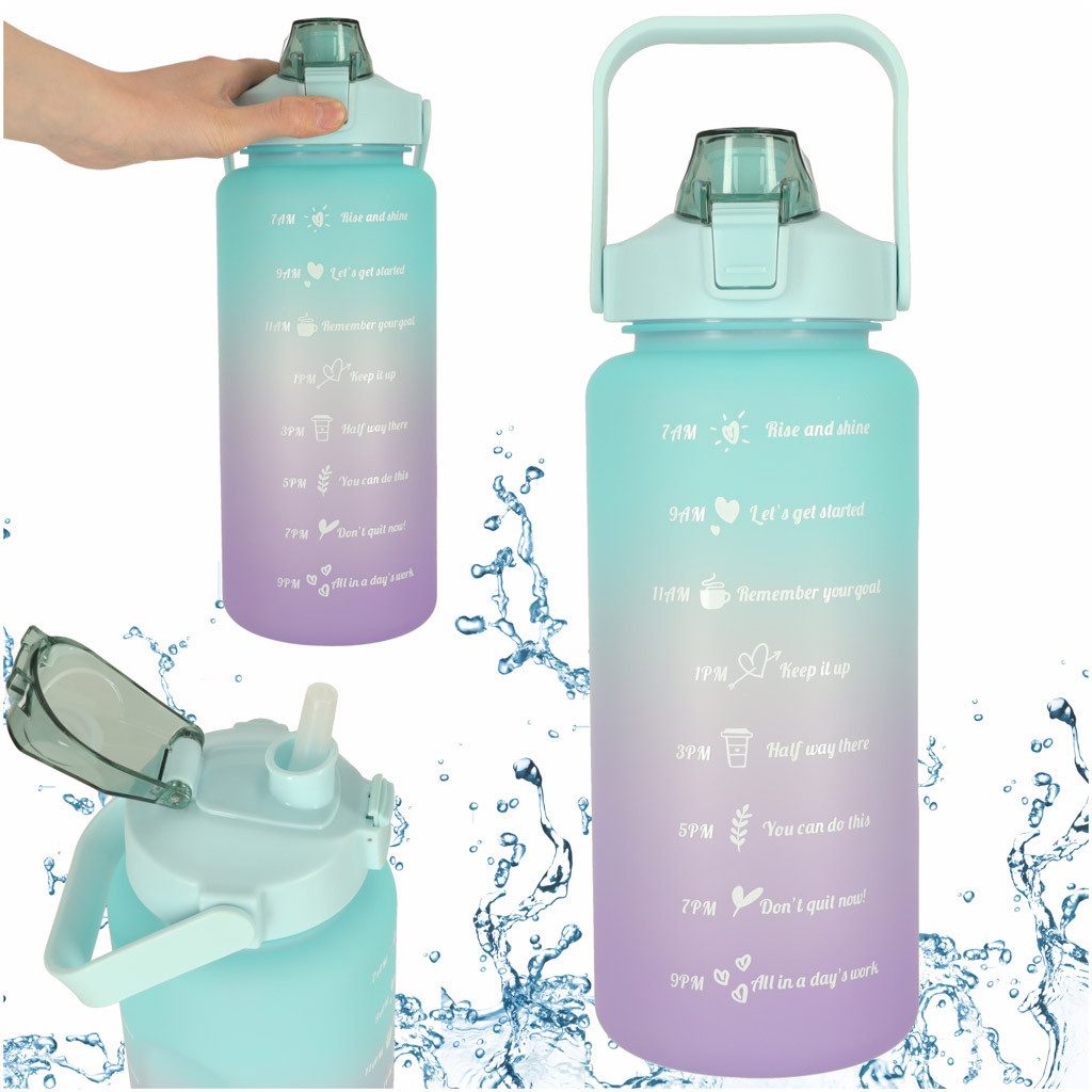 Trinkflasche Motivations-Trinkflasche 2L mit Strohhalm und Zeitmarkierungen