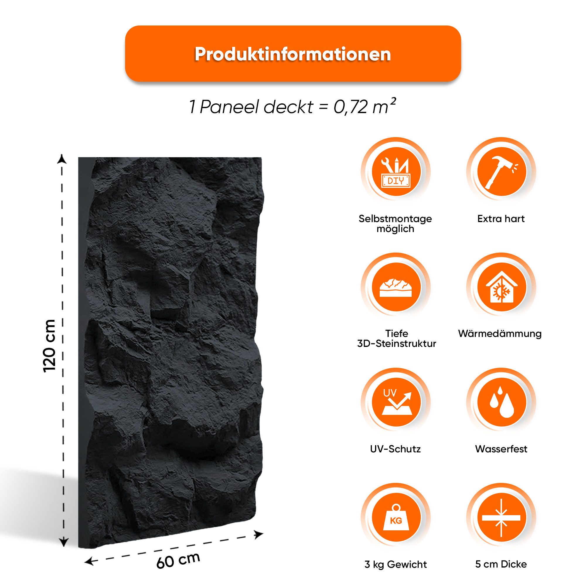 IZODEKOR 3D Wandpaneel PU Wandverkleidung 60x120 cm – 3D Steinpaneele in Natursteinoptik, BxL: 60x120 cm, 0,72 qm, (1 Paneel, 60x120 cm, 0,72 m², bis ca. 5 cm stark) wasserabweisend, robust, leicht, zuschneidbar, einfache Montage