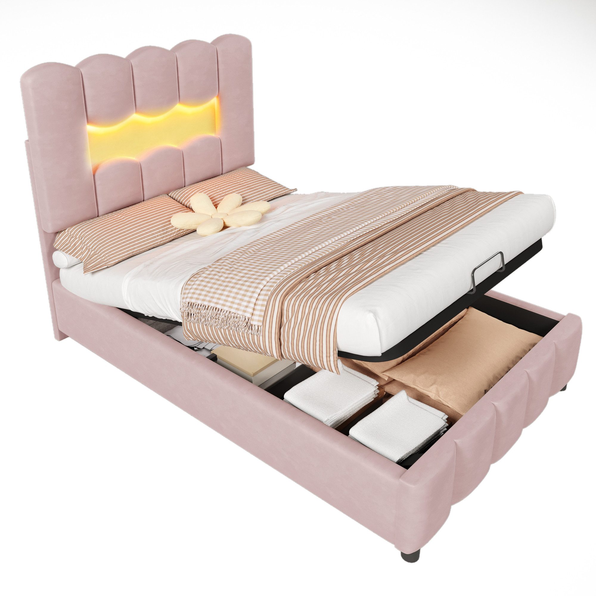Polsterbett mit LED-Beleuchtung und Stauraum