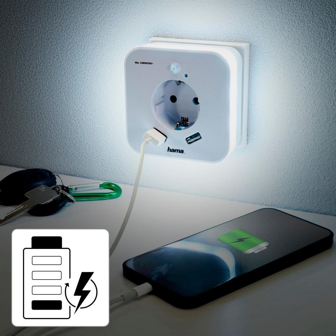 Ausgänge, Bewegungsmelder, Nachtlicht und 2.4A, LED USB Helligkeitssensor, integriert fest Nachtlicht Steckdose LED Hama 2 mit