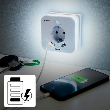 Hama LED Nachtlicht Nachtlicht mit Steckdose und USB 2.4A, 2 Ausgänge, Helligkeitssensor, Bewegungsmelder, LED fest integriert