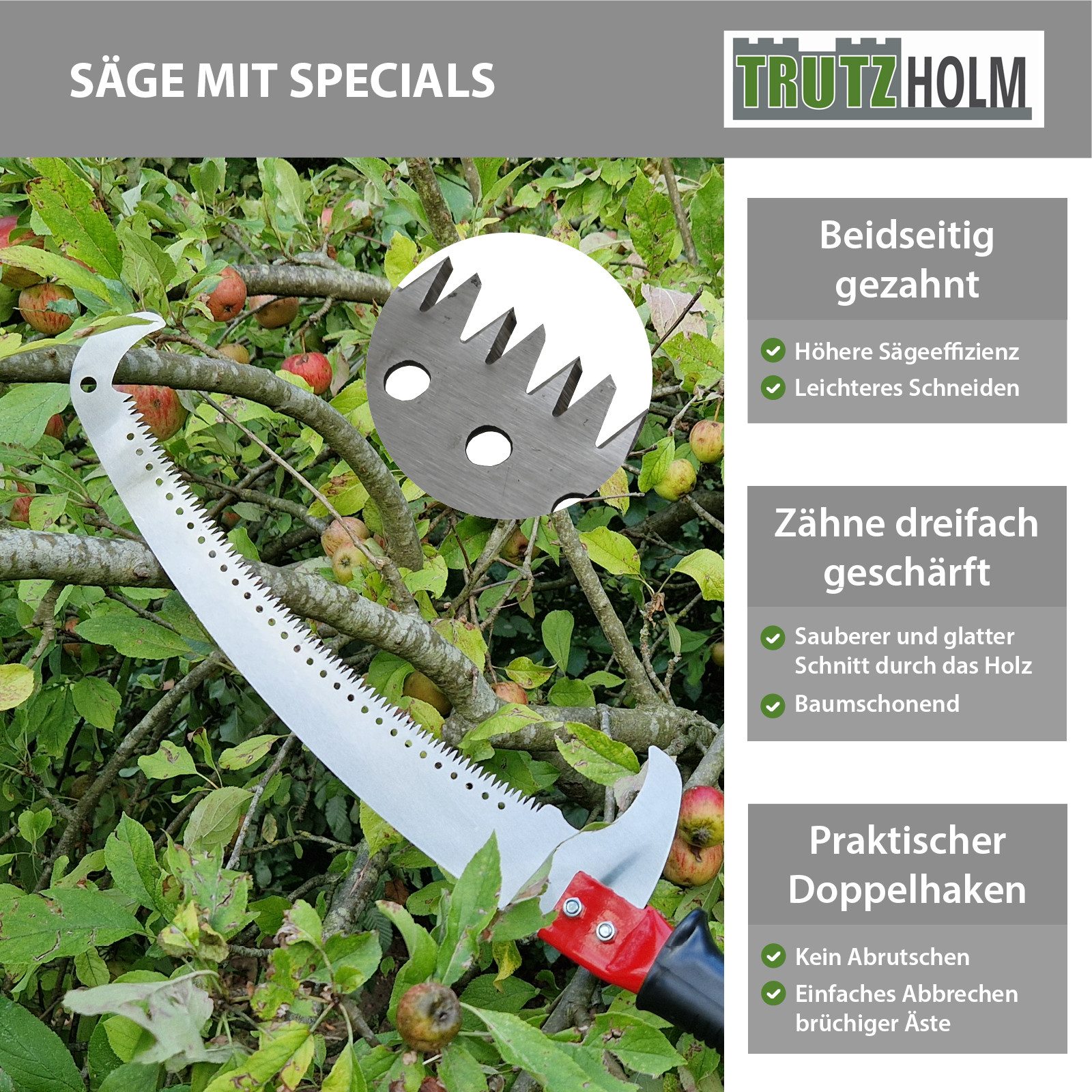 TRUTZHOLM Gartensäge Alu Astsäge 6,5m Teleskopsäge Klinge beidseitig gezahnt Handsäge, inkl.Tragetasche,Doppelhakensägeblatt – Bild 4 von 5