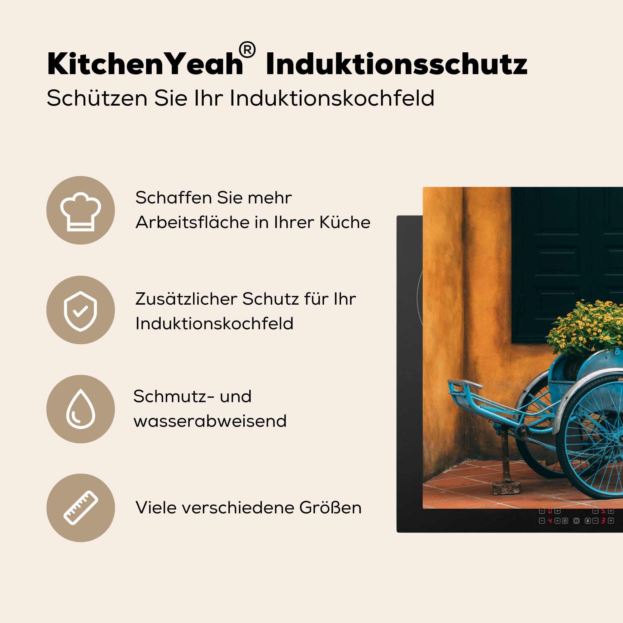 Schutz Herdblende-/Abdeckplatte 81x52 Induktionskochfeld MuchoWow Fahrrad die mit Vinyl, für Blumen, tlg), (1 küche, cm, Ceranfeldabdeckung