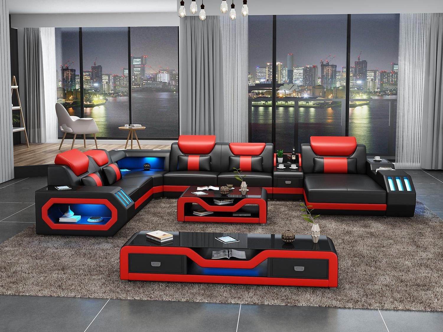 JVmoebel Ecksofa, Design Big Sofa mit USB Ecksofa Couch Wohlandschaft U Form Schwarz/Rot