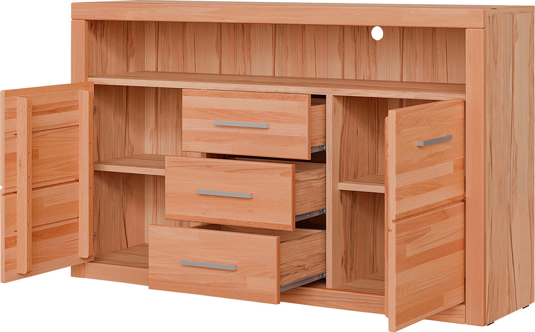 OTTO home Sideboard Ribe,130cm breit,80cm hoch,Oberplatte Holz massiv,6 Fächer, Holz massiv, Holzwerkstoff, Metall Griffe,2 Türen,3 Schubladen