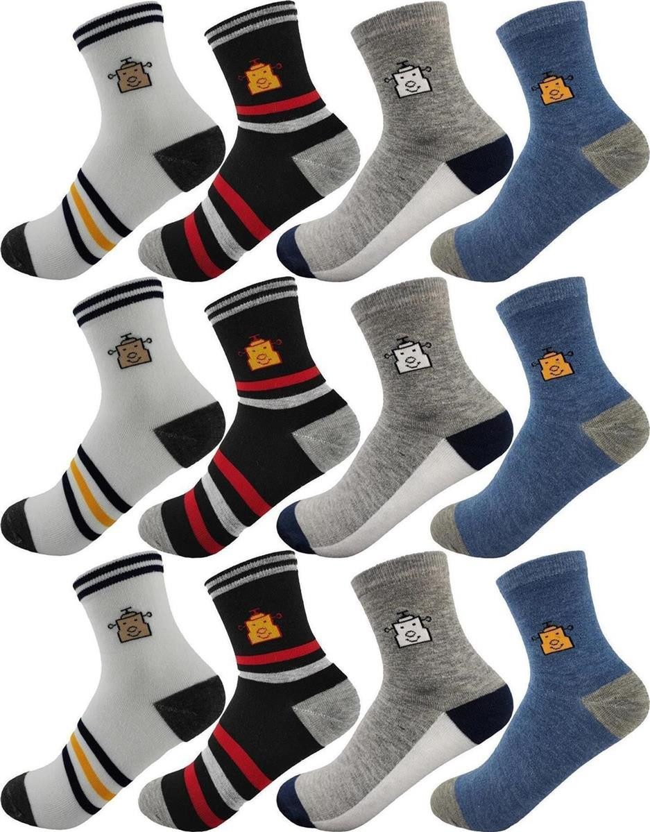 Socken 12 Paar Kinder Socken Jungen & Mädchen mit Muster Baumwolle, 23-26