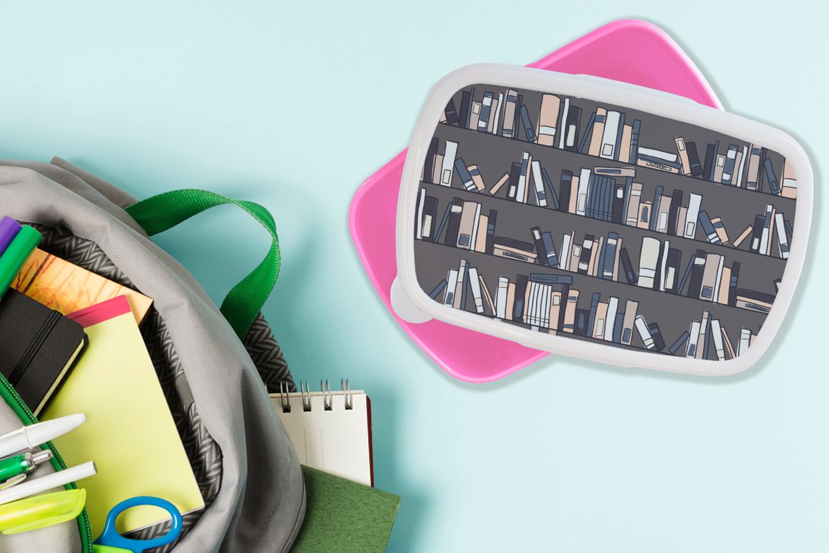 MuchoWow Lunchbox Puber - Muster, - Erwachsene, rosa Bücherregal Mädchen, Kinder, Kunststoff Brotdose Brotbox - (2-tlg), Bücher Snackbox, Kunststoff, für