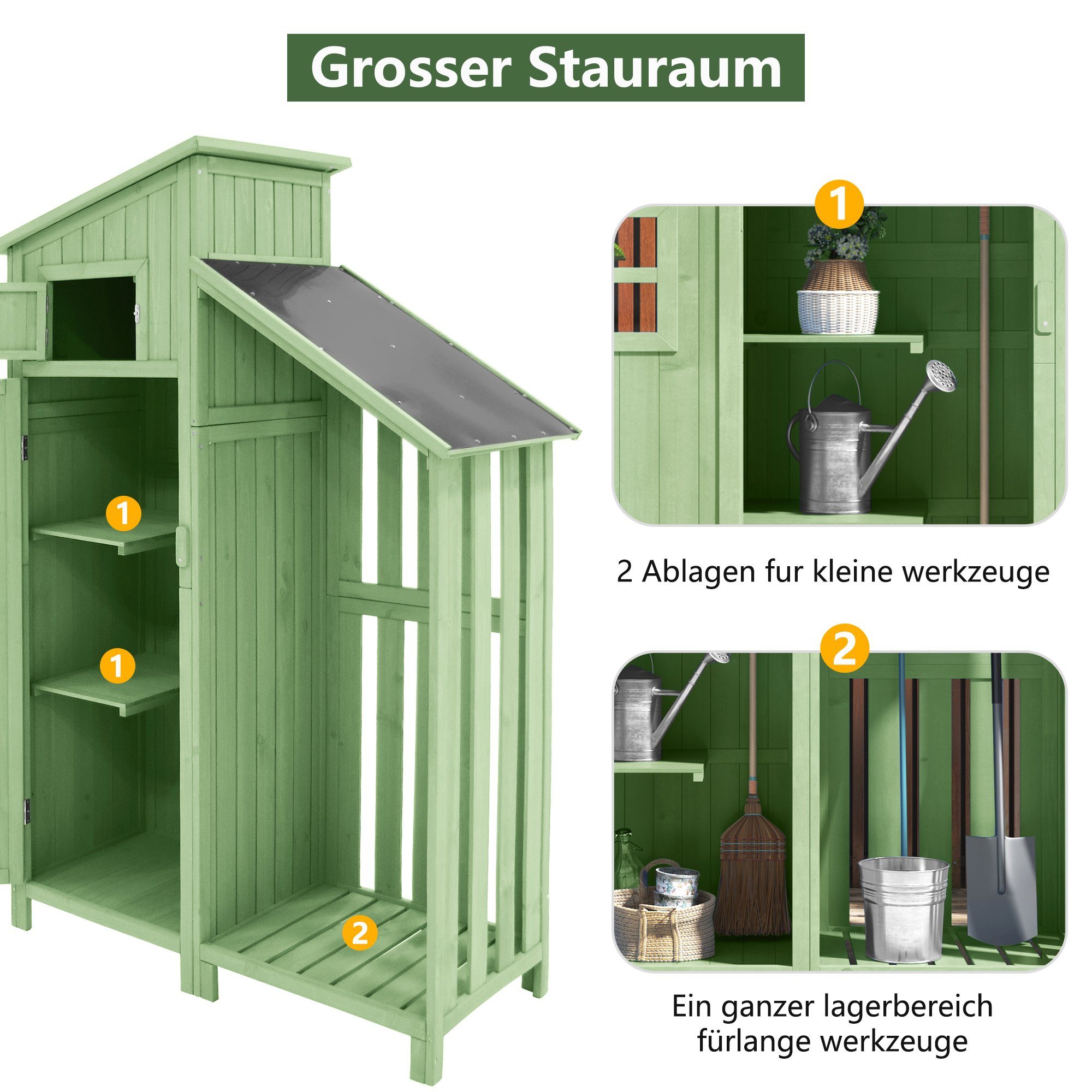 Merax Garten-Geräteschrank Gartenschrank aus Holz, Gartengeräteschrank Geräteschuppen mit Regalen, PVC-Dach & Stauraum
