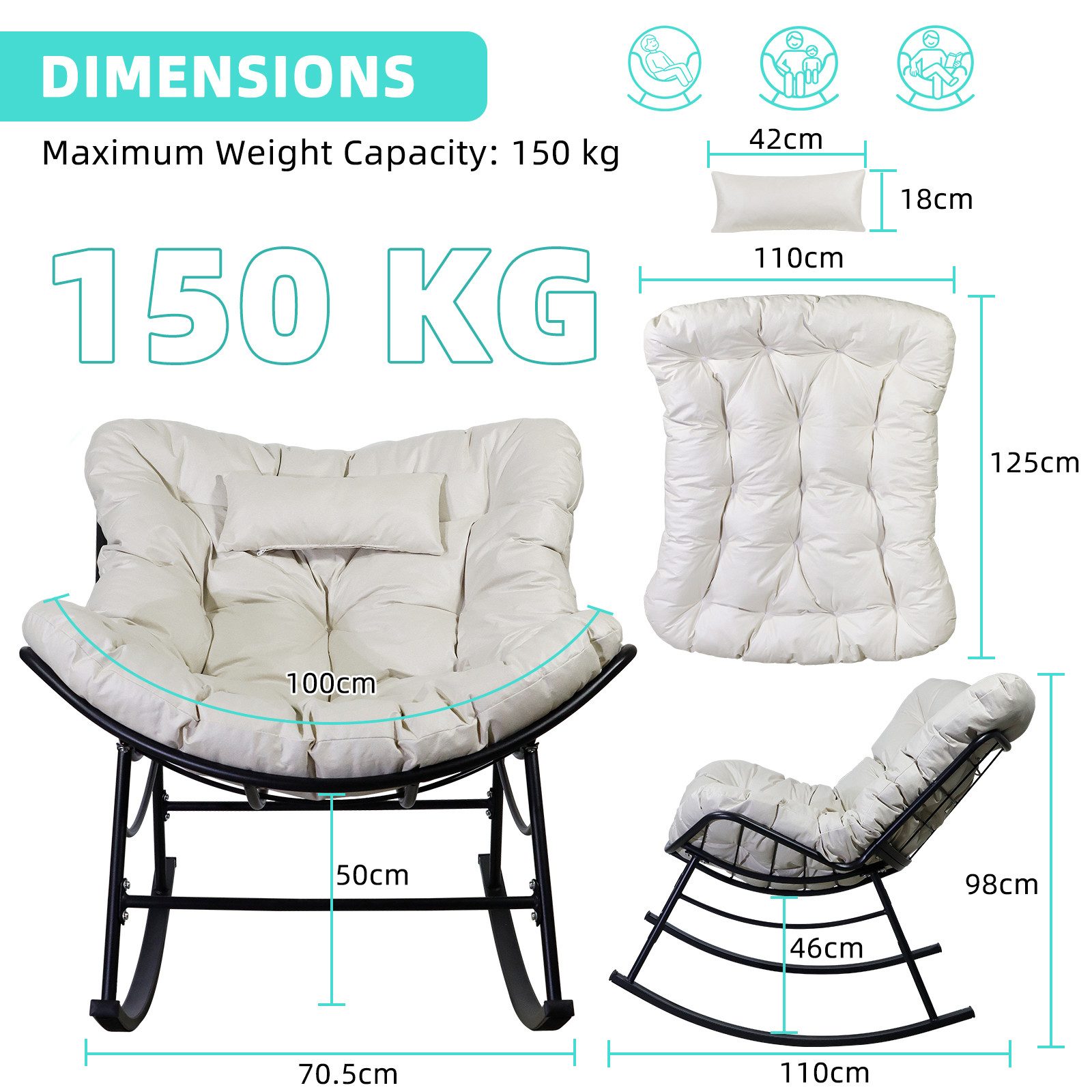 CCLIFE Schaukelstuhl Schaukelsessel Wohnzimmer Relaxstuhl Kopfstütze, Bis 150kg