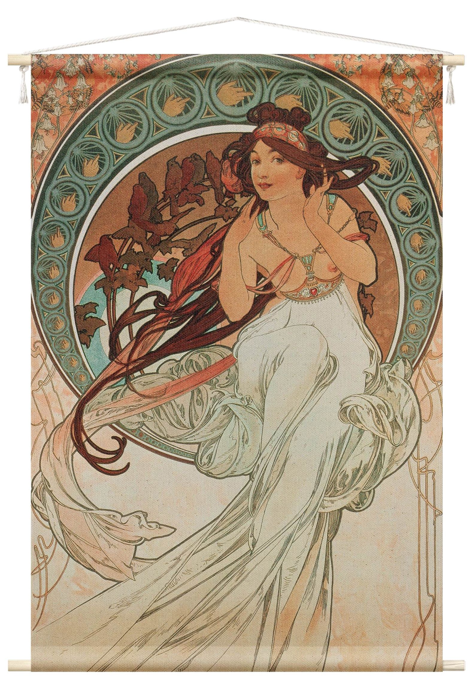 Bilderdepot24 Wandteppich modern Alfons Mucha Kunst Musik Vintage weiss, rechteckig, Höhe: 2.6 mm, großes Wandbild aus Natur-Baumwolle Wandbehang Stoffbild Tuch Wollseil