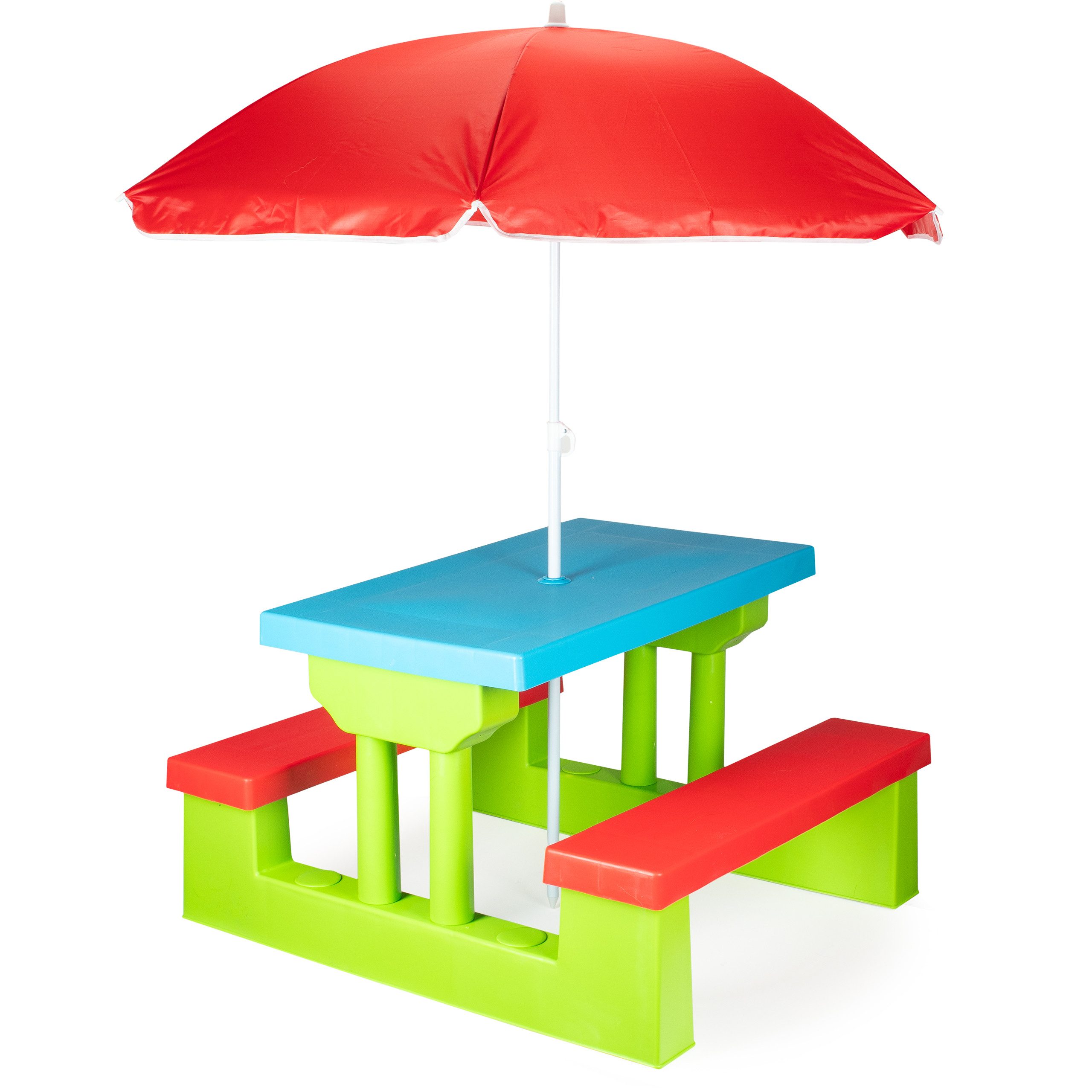 COIL Garten-Kindersitzgruppe Kinder-Picknicktisch mit Sonnenschirm 107 x 67 x 135 cm, 5 kg, (4-tlg), verschiedene Farben, Kunststoff UV-beständig, für Kinder ab 3 Jahren