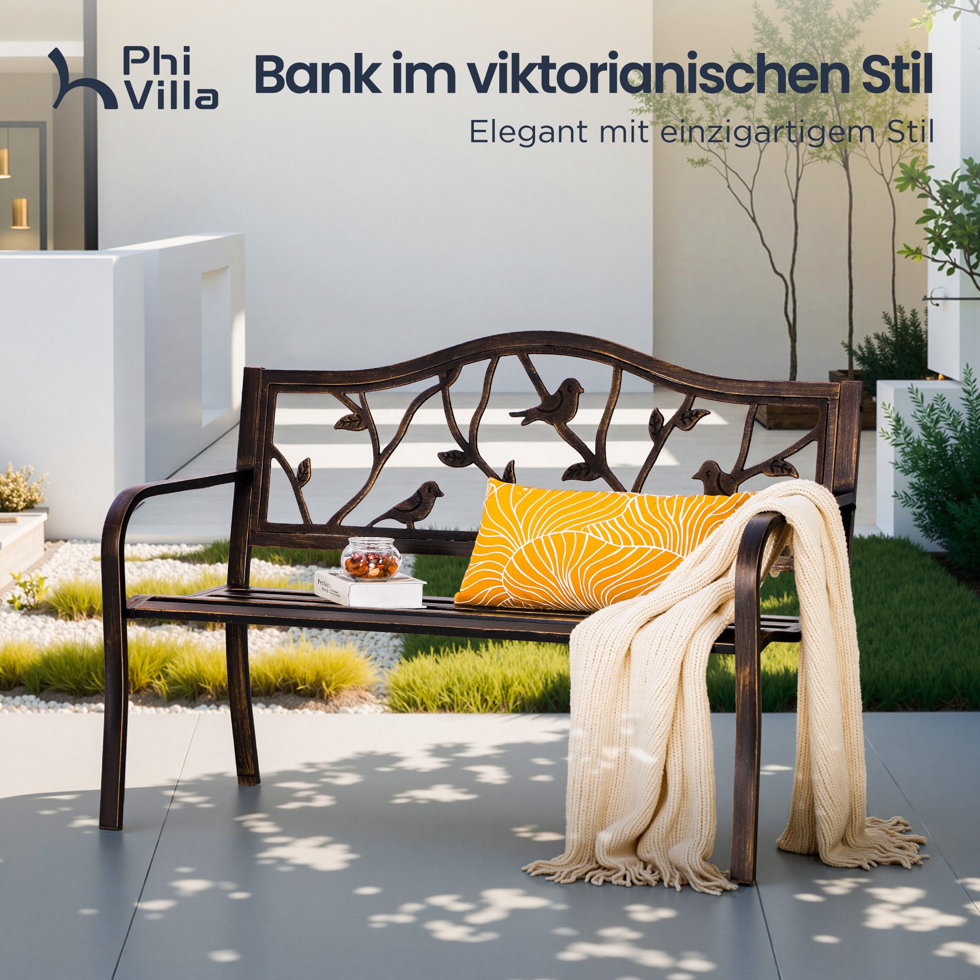 PHI VILLA Gartenbank (Gartenbank, Für den Außenbereich geeignete Bank für 2-3 Personen), Mit gusseiserner Rückenlehne und stabilem Stahlrahmen