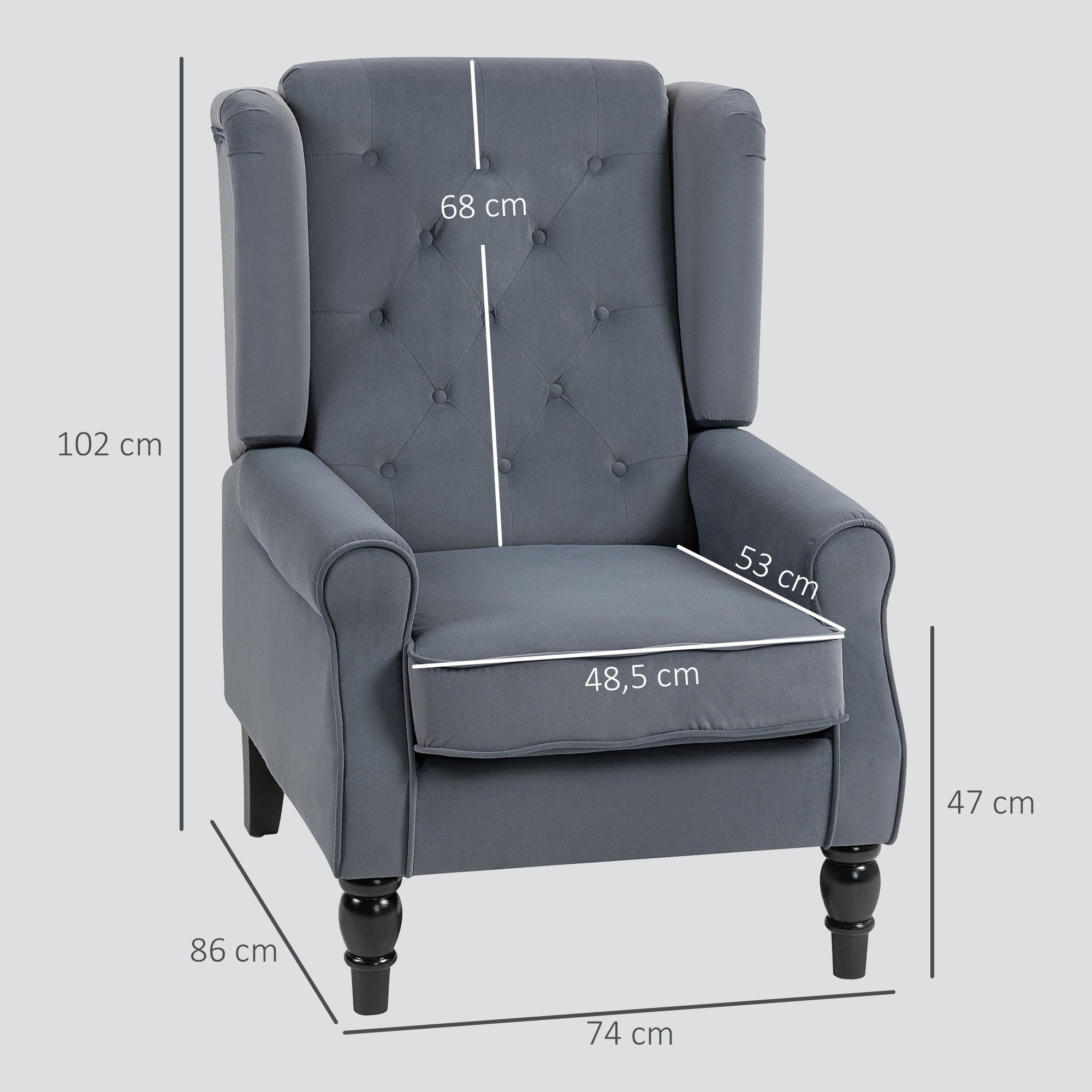 HOMCOM Sessel Ohrensessel mit Armlehnen, Loungesessel (Armlehnensessel, 1-St., Polstersessel), für Wohnzimmer, Schlafzimmer, Grau