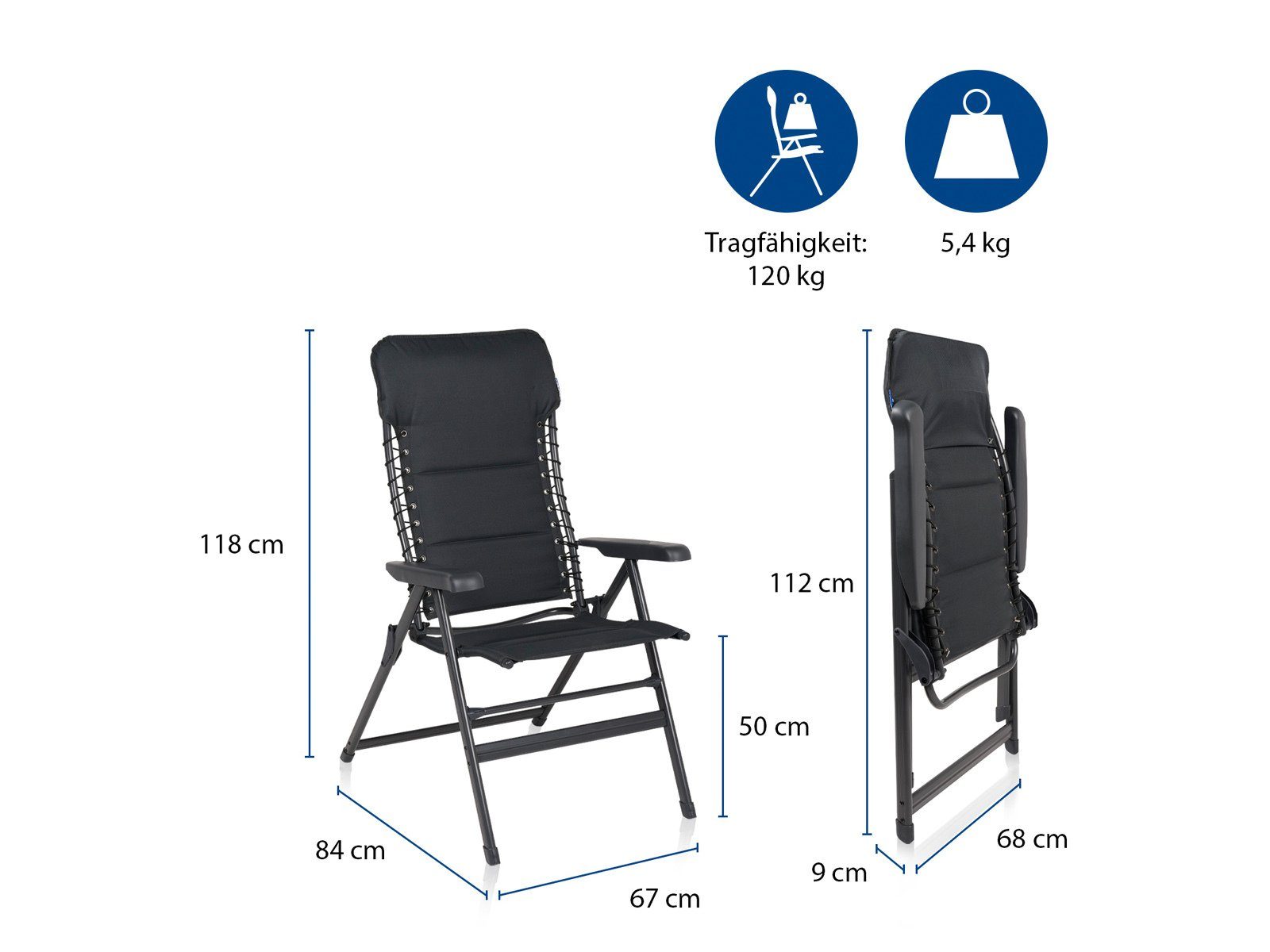Campart Campingstuhl (2 St), 2er SET Hochlehner klappbarer Campingsessel bequem gepolstert Balkon