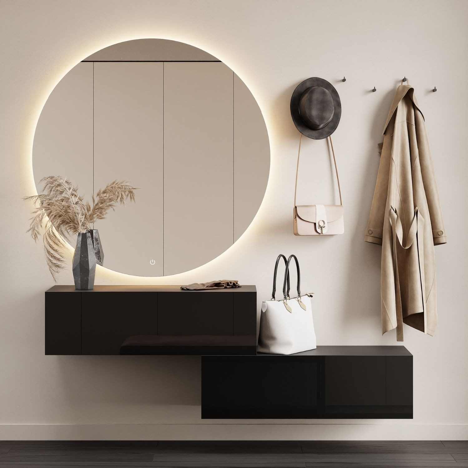 Planetmöbel Garderoben-Set Flur Möbel Garderobe, (Kompaktgarderobe mit Klappe als Stauraum, Hängeschränke 2 x 100 cm Schwarz), Wandgarderobe (ohne Spiegel)