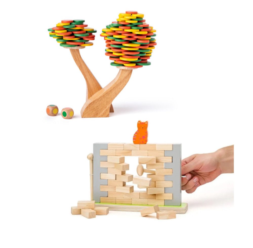 Woodyland Lernspielzeug Holz - Geschicklichkeits- / Spielset " Mauer/Katze " und " Baum", 44 tlg Holzspiel + 183tlg. Holzspiel