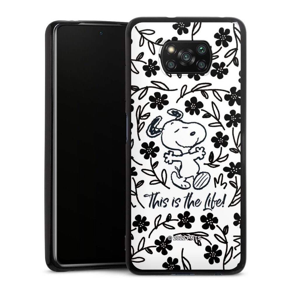 DeinDesign Handyhülle Peanuts Blumen Snoopy Snoopy Black and White This Is The Life, Xiaomi Poco X3 nfc Silikon Hülle Bumper Case Handy Schutzhülle