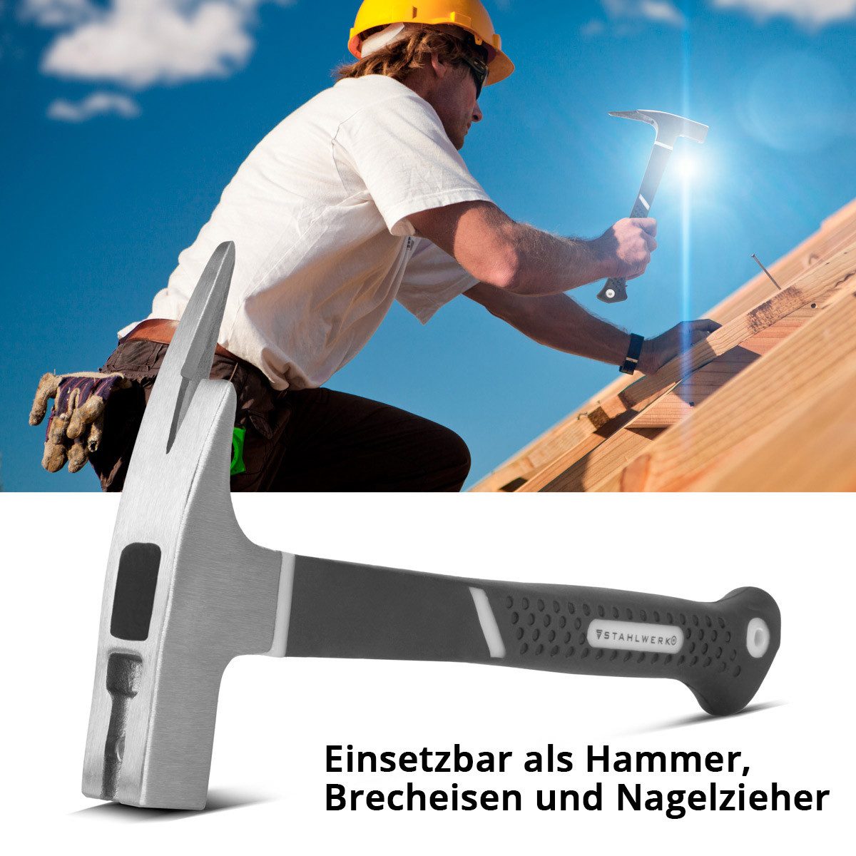 STAHLWERK Vorschlaghammer Latthammer aus geschmiedetem Carbon-Stahl robuster Klauenhammer mit (Set, 1-St., Einzelgerät), Griff aus rutschsicherem Fiberglas