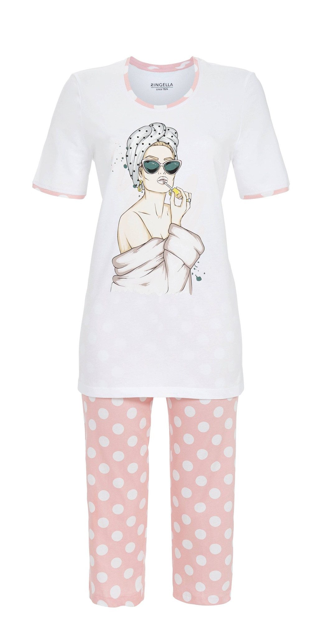 Ringella Pyjama - Schlafanzug Kurzarm mit Motivdruck und Caprihose mit Polka-Dots (2 tlg) 100% Baumwolle