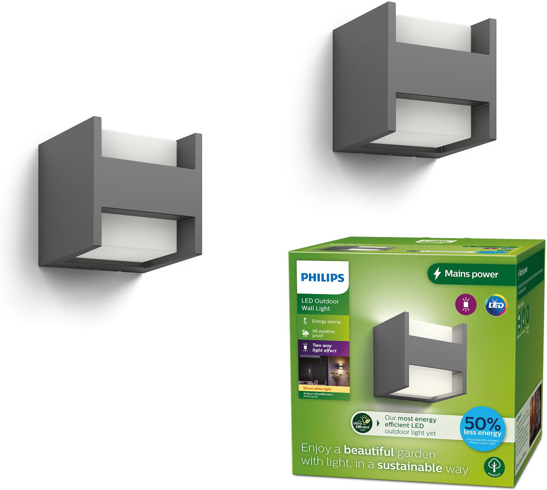 Philips LED Außen-Wandleuchte 2er Pack Outdoor Ultra-Efficient Arbour up/down, LED fest integriert, Warmweiß, Lichteffekt in zwei Richtungen, anthrazit