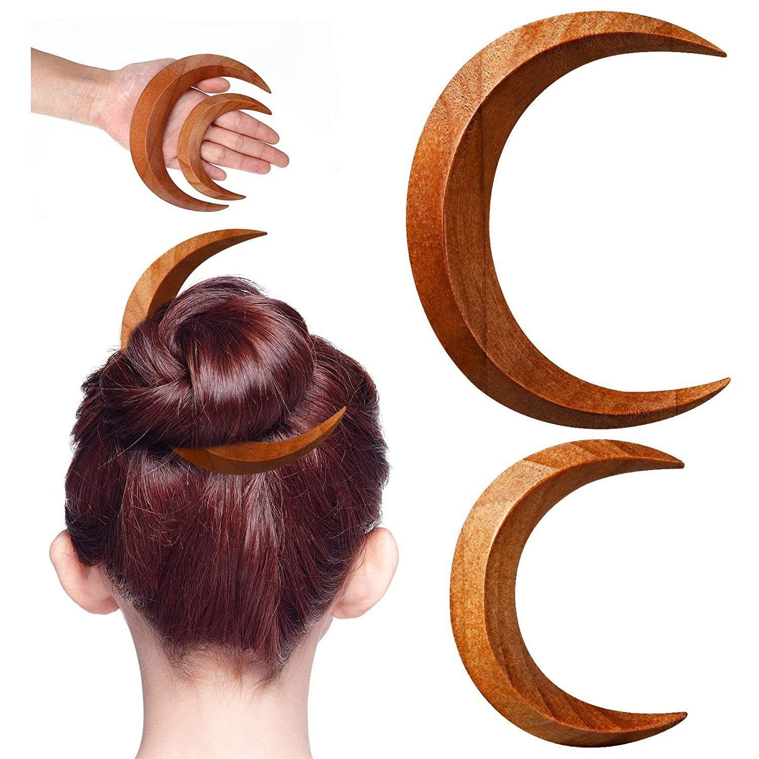 MAGICSHE Haarstyling-Set 2 handgefertigte halbmondförmige Haargabeln und Mondhaarstöcke, Haarschmuck Haarspange aus Holz in halbmondförmiger Form Rotbraun
