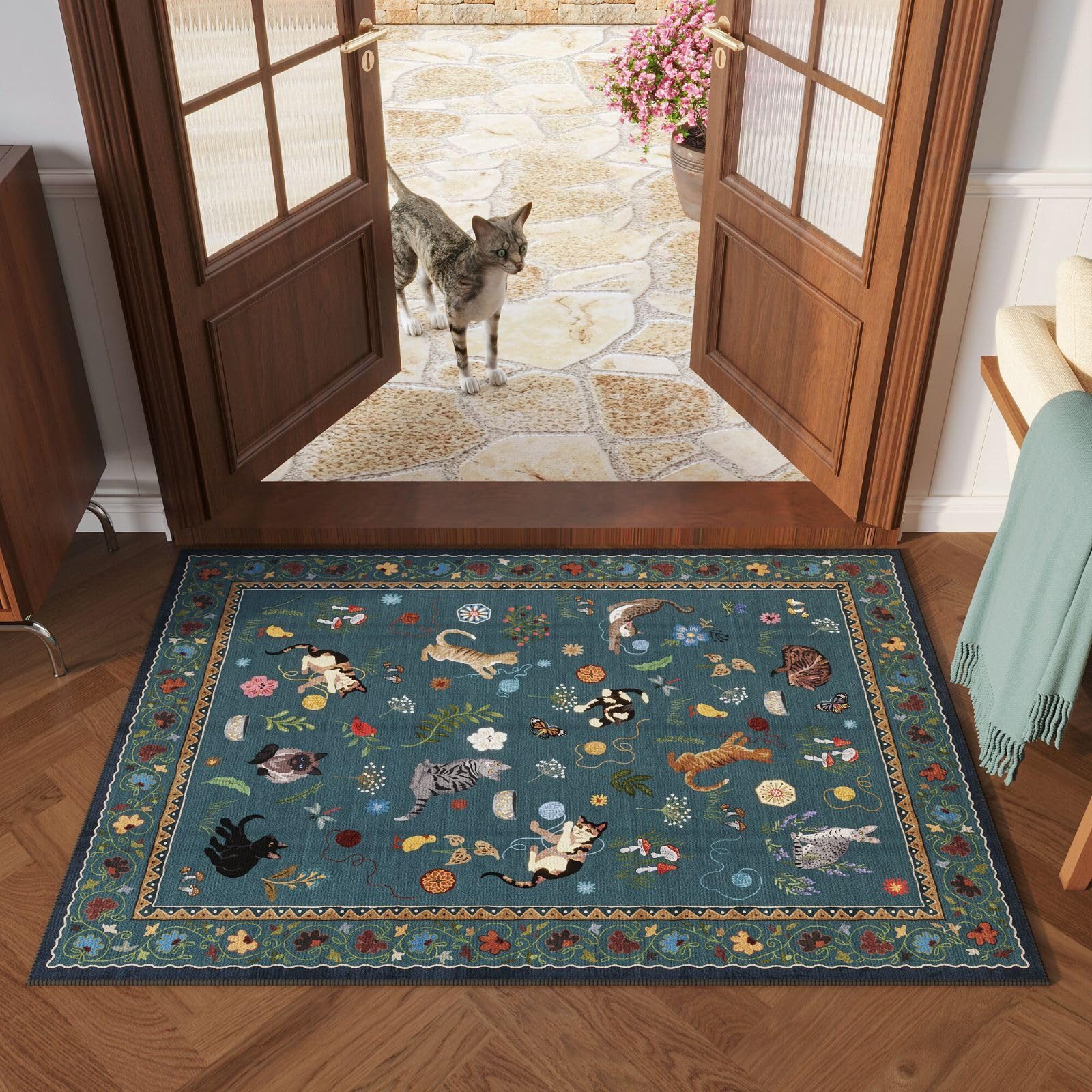 Agger Fußmatte Innen Boho – Rutschfester Türvorleger mit Blumen & Katzenmotiv, Flachflor Teppich für Eingang, Küche & Flur