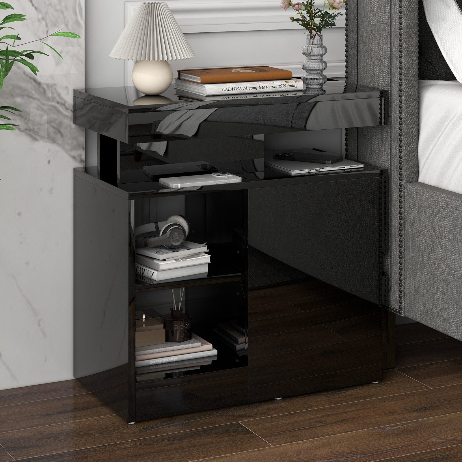 JOIVI Beistelltisch Moderner Beistelltisch im Hochglanz (Wohnzimmertisch in 60 x 32 x 65.2 cm, Kaffeetisch mit 2 Schuhbladen), Sofatisch für Wohnzimmer, Schlafzimmer, Büro, Schwarz