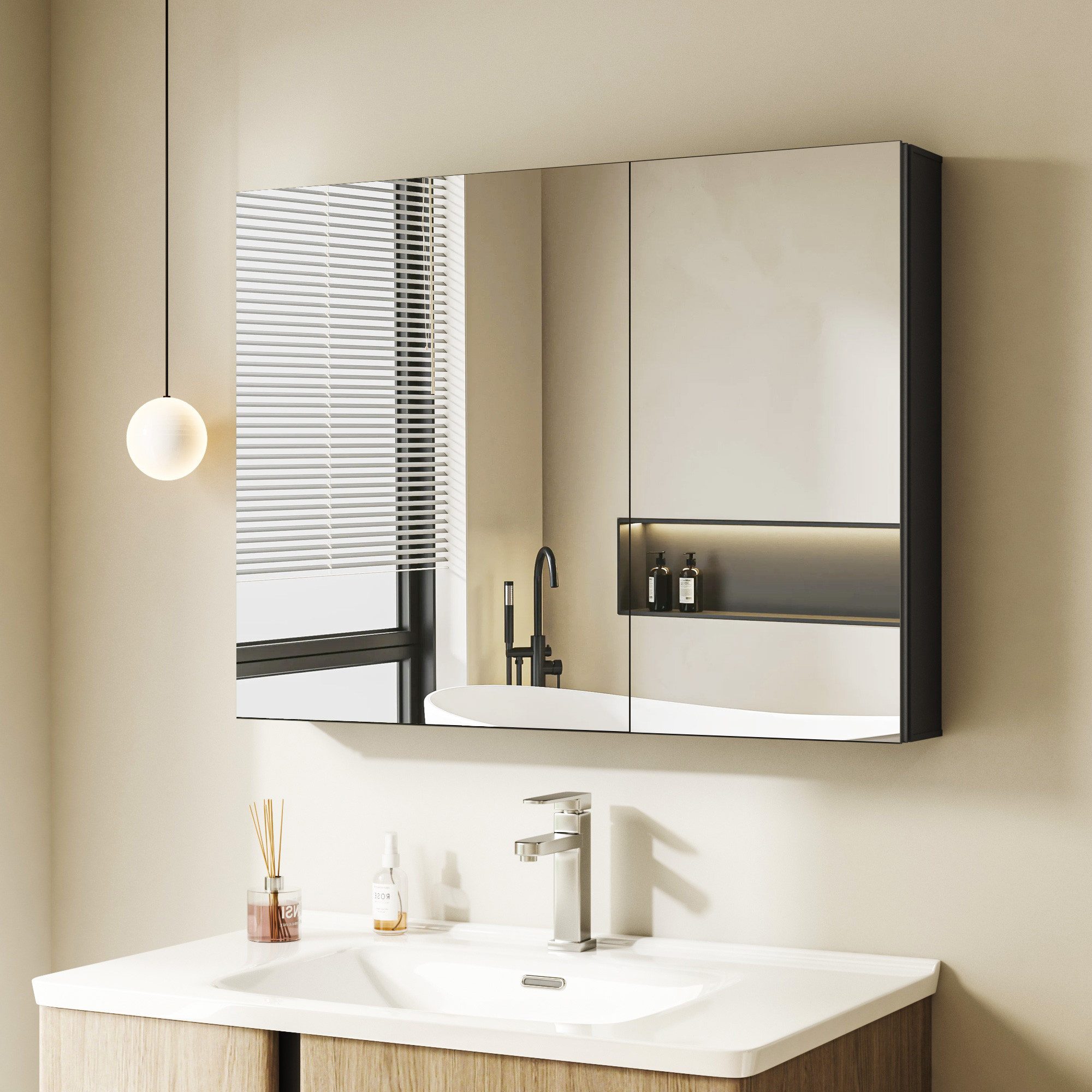 Hopibath Badezimmerspiegelschrank Alu Spiegelschrank Schwarz 2türig 80x60cm günstig online kaufen