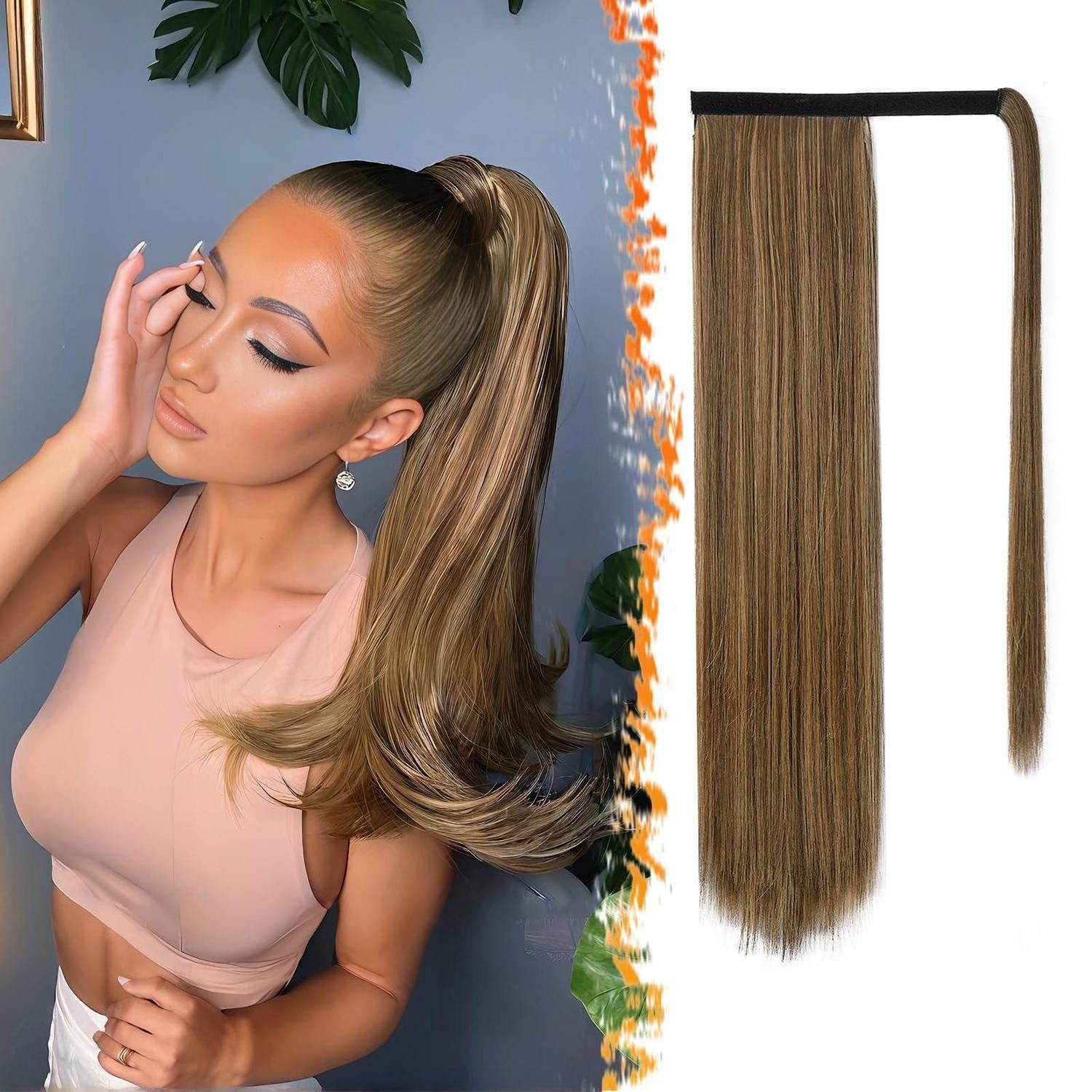 Kunsthaar-Extension Pferdeschwanz Haarteil Ponytail Clipin 46cm Braun mit Honigblond