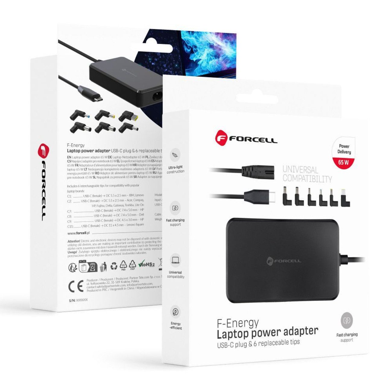 Forcell F-ENERGY E856 Laptop-Ladegerät (Netzteil mit festem USB-C-Kabel, 6 Adapter, Netzkabel, Universell einsetzbares 65 W Netzteil mit 6 Adaptern und USB-C PD)