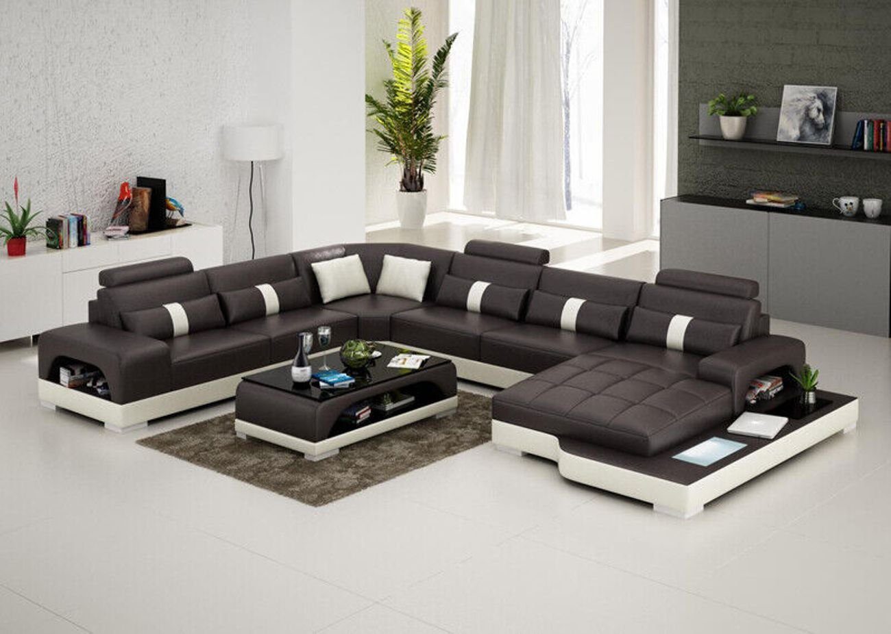 JVmoebel Ecksofa Ledersofa Couch Wohnlandschaft USB Ecksofa Eck Modern Sofa Garnitur