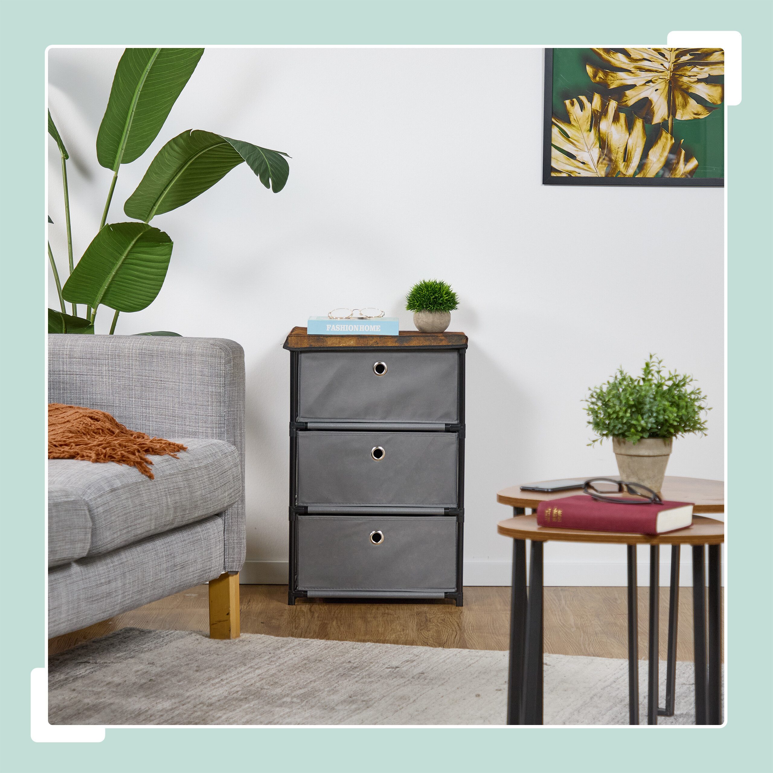 relaxdays Kommode Holzoptik mit Stoffschublade, grau