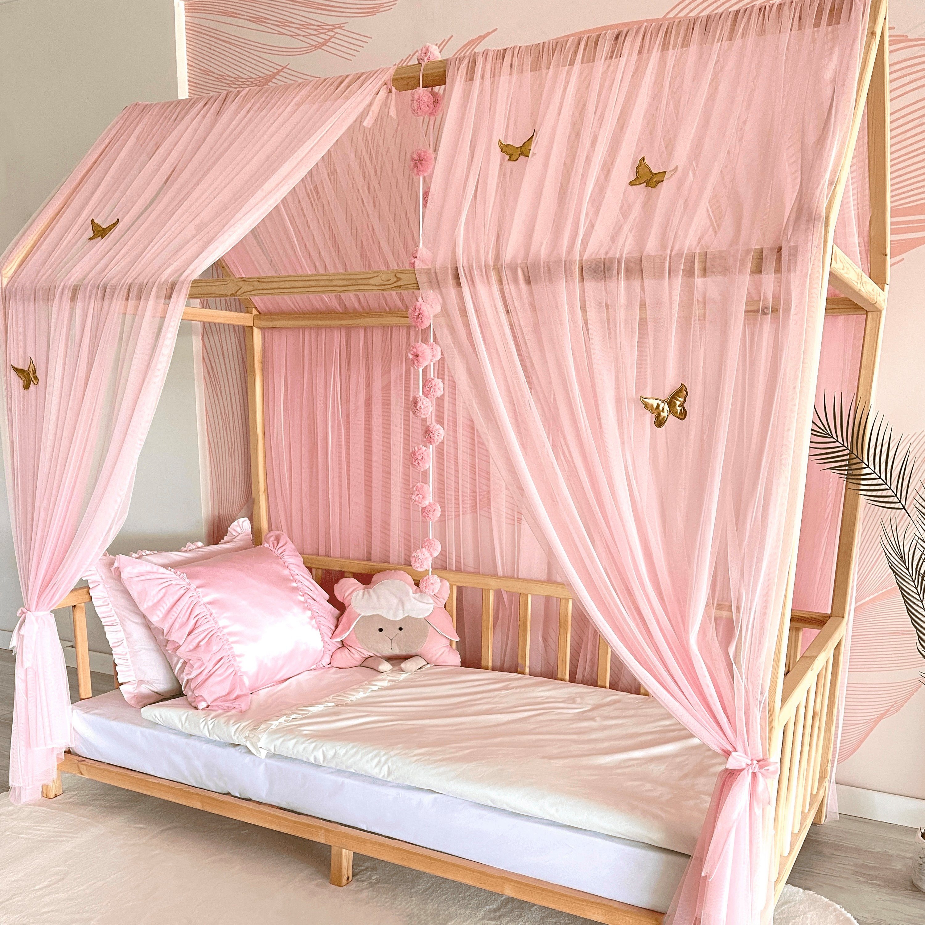 Baby Fancyroom Betthimmel Set), Hausbett Betthimmel Stück mit Stück Hausbett rosa Montessori Baldachin, Betthimmel Kinderbett Himmel 20er und Set 380cm 2 Deko Tüll 2 Kinder Montessori (3-tlg. Baldachin Betthimmel, einer Moskitonetz Pomponkette, 340cm Betthimmel für