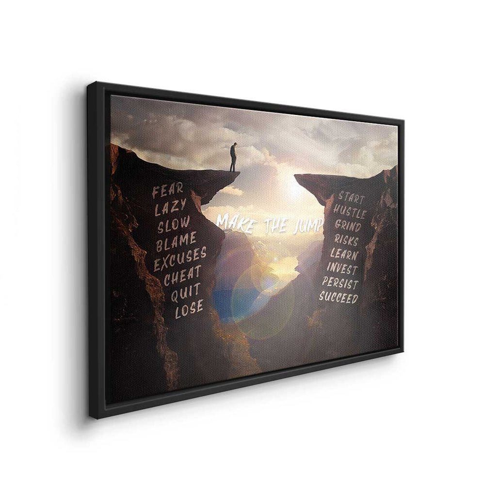 DOTCOMCANVAS® Leinwandbild, Premium Leinwandbild - Mindset - Make goldener Motivation Rahmen Jump - The