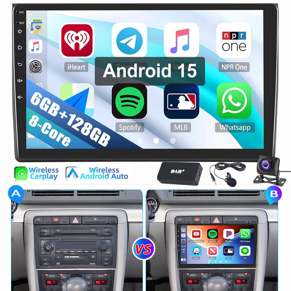 ESSGOO Für Audi A4 00-08 S4 8E 8H B6 B7 6+128GB 8-Kern 4G LTE Autoradio (RDS, Digitalradio (DAB), FM, AM, Carplay Android Auto GPS Navi WIFI BT 4G LTE)