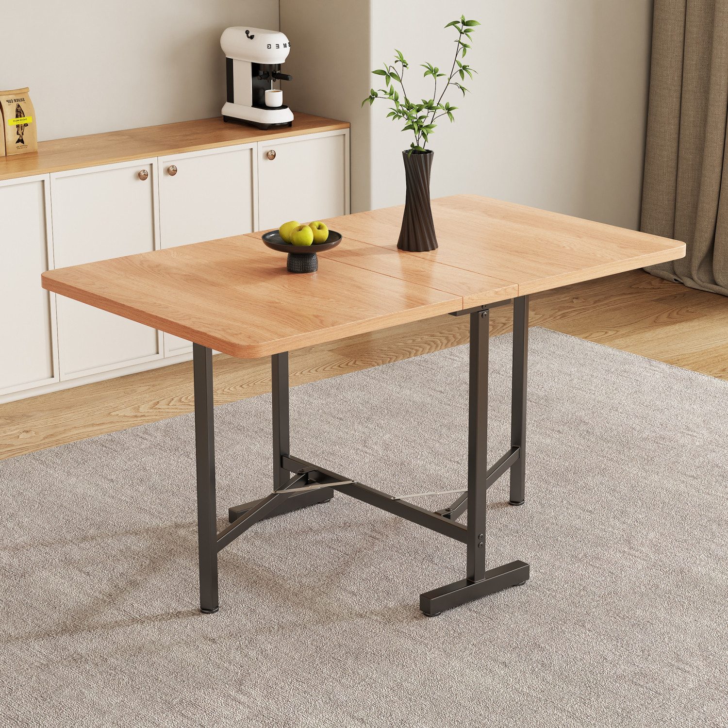 Flieks Esstisch klappbarer Küchentisch, faltbar Tischpaltte Länge15/120xT80 cm (1-St., 1 Tisch), ausziehbarer Schreibtisch Holzoptik Natur, schwarze Eisenbeine