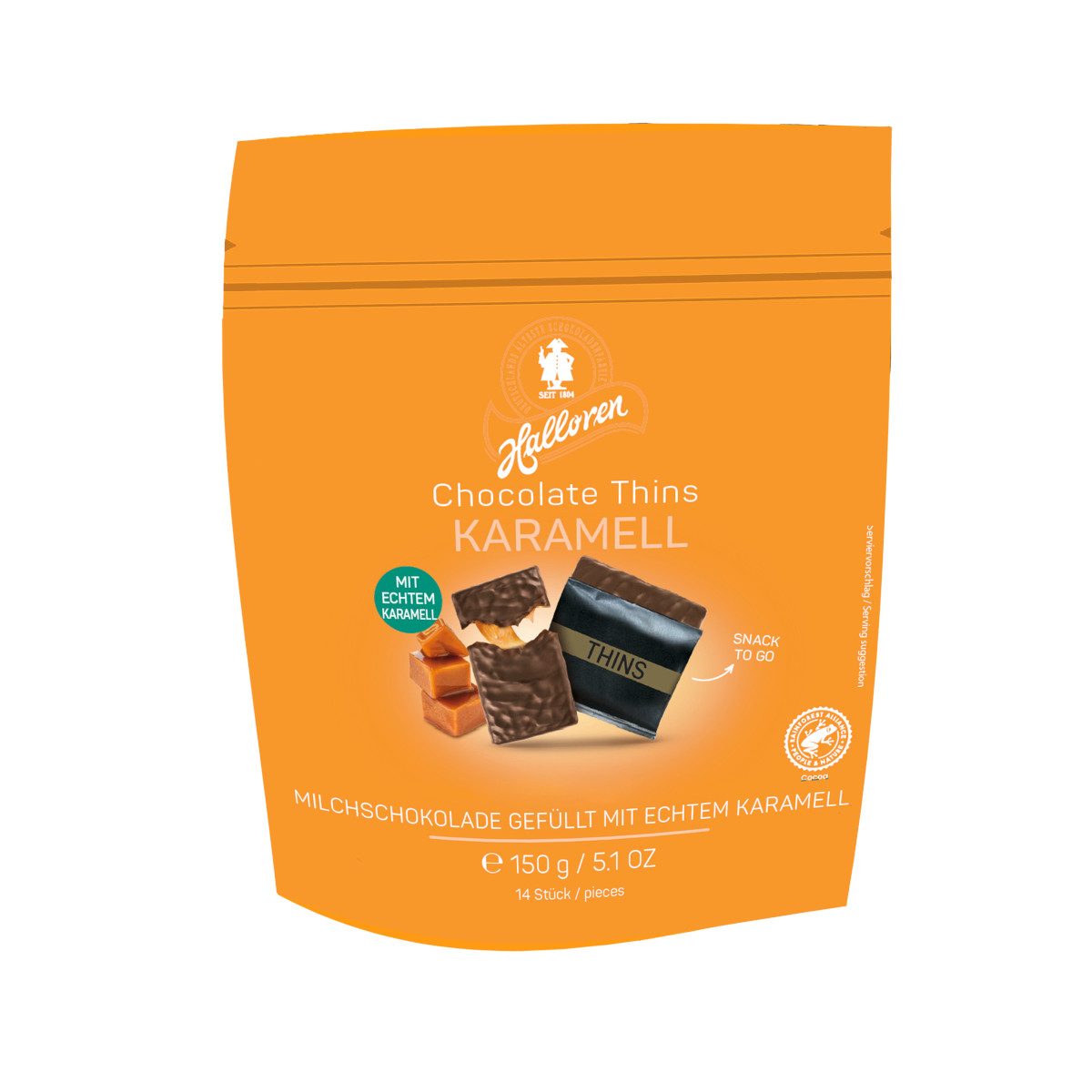 Halloren Schokolade, Halloren Chocolate Thins Caramel mit Toffeecreme Packung 150g