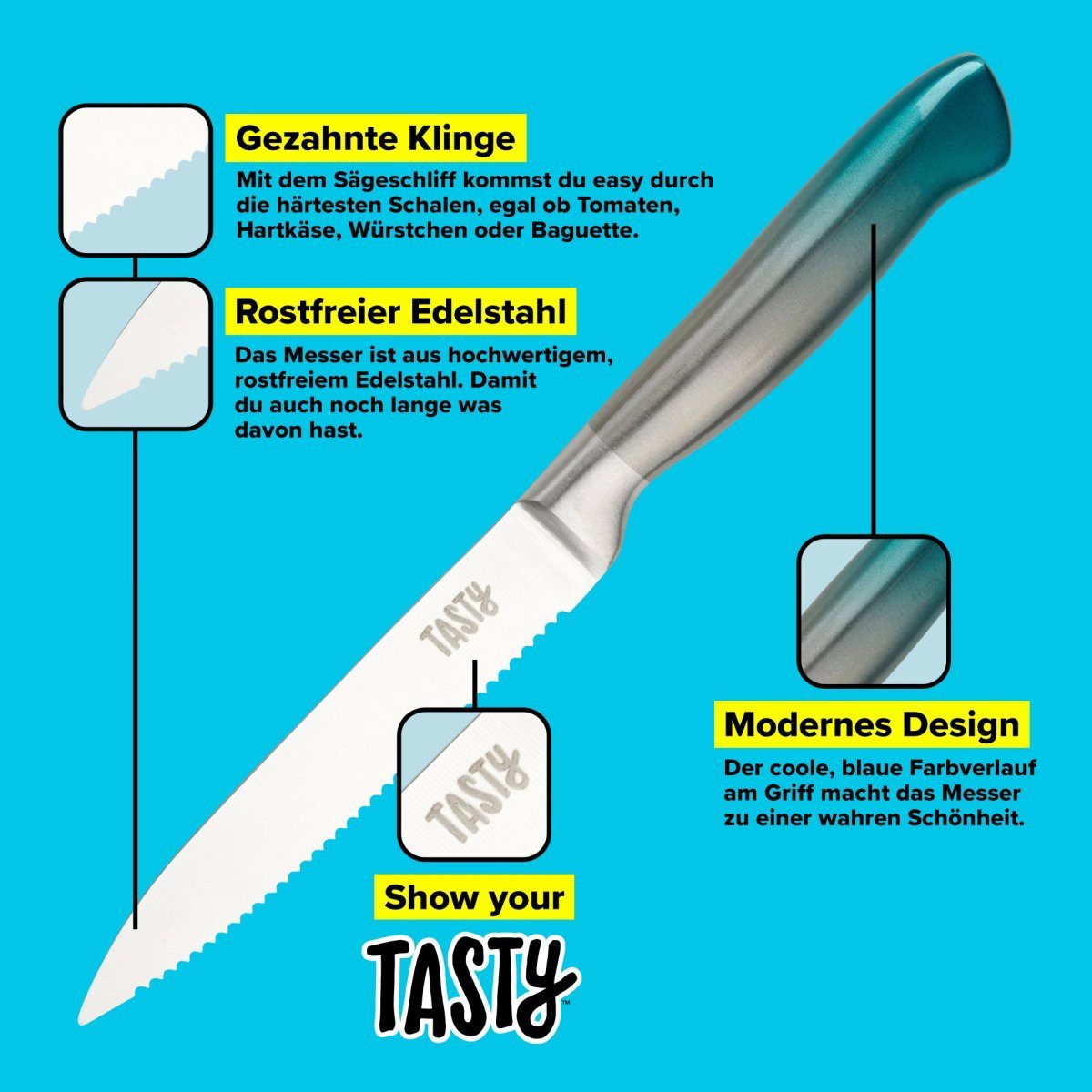 Tasty Universalküchenmesser Küchenmesser gezahnt, Sägeschliff, Edelstahl, blauer Griff