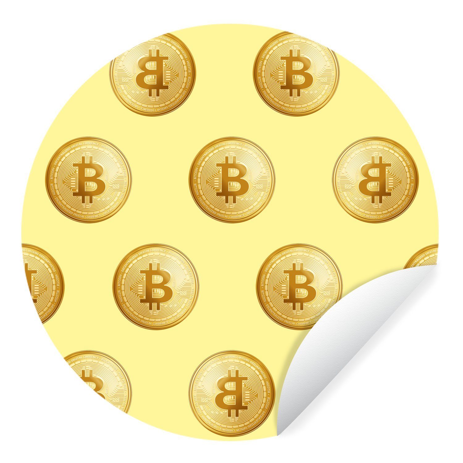 MuchoWow Wandsticker Bitcoin - Gold - Muster - Gelb (1 St), Tapetenkreis für Kinderzimmer, Tapetenaufkleber, Rund, Wohnzimmer