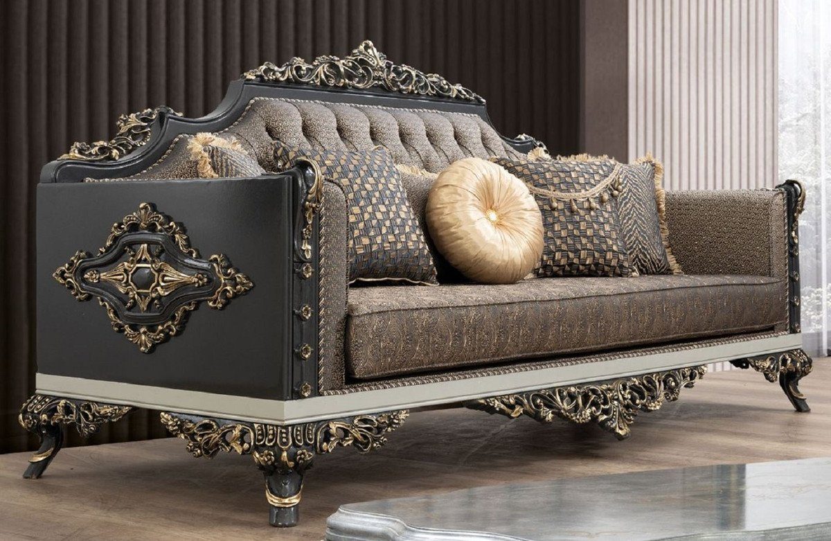 Casa Padrino Sofa Luxus Barock Sofa Blau / Gold / Grau / Weiß / Gold - Prunkvolles Wohnzimmer Sofa mit elegantem Muster - Barock Wohnzimmer Möbel