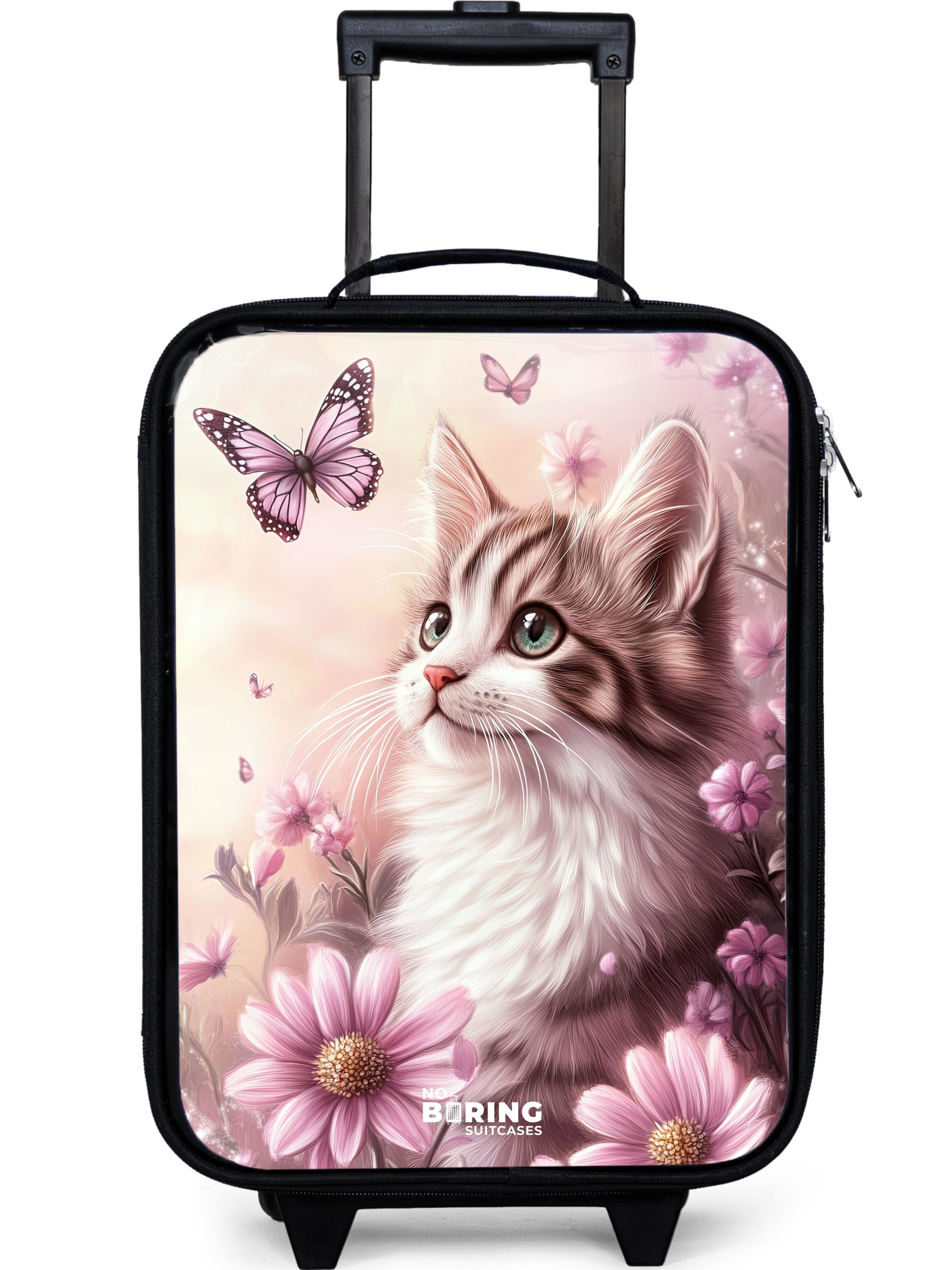 NoBoringSuitcases.com© Kinderkoffer mit leuchtende Räder - Katze - Lila - Schmetterlinge - Blumen, 2 Rollen, Kinder Koffer Klein, Trolley Handgepäck, Reisekoffer