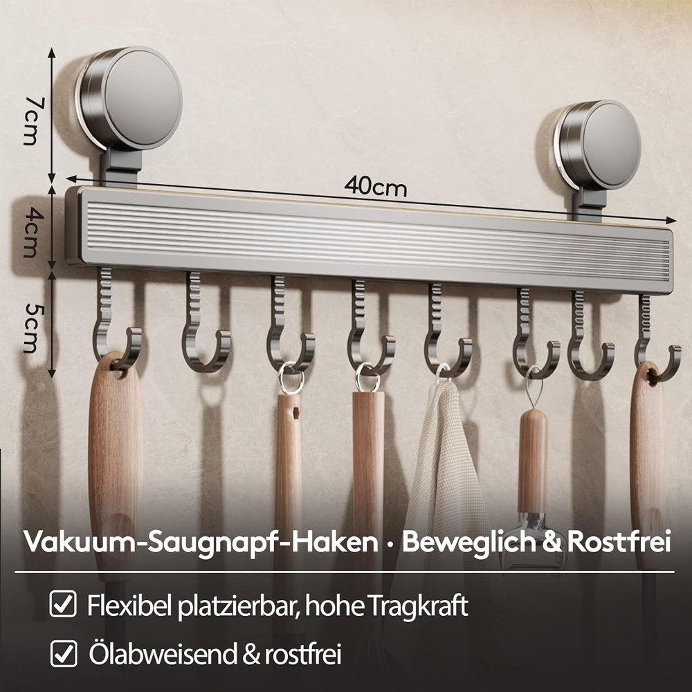 TUWENA Hakenleiste Hakenleiste Küche Ohne Bohren, 40cm Küchenregal mit Saugnapf, 8 Haken, Hohe Tragfähigkeit, Abnehmbare Küchenhaken für Badezimmer Schlafzimmer – Bild 2 von 5