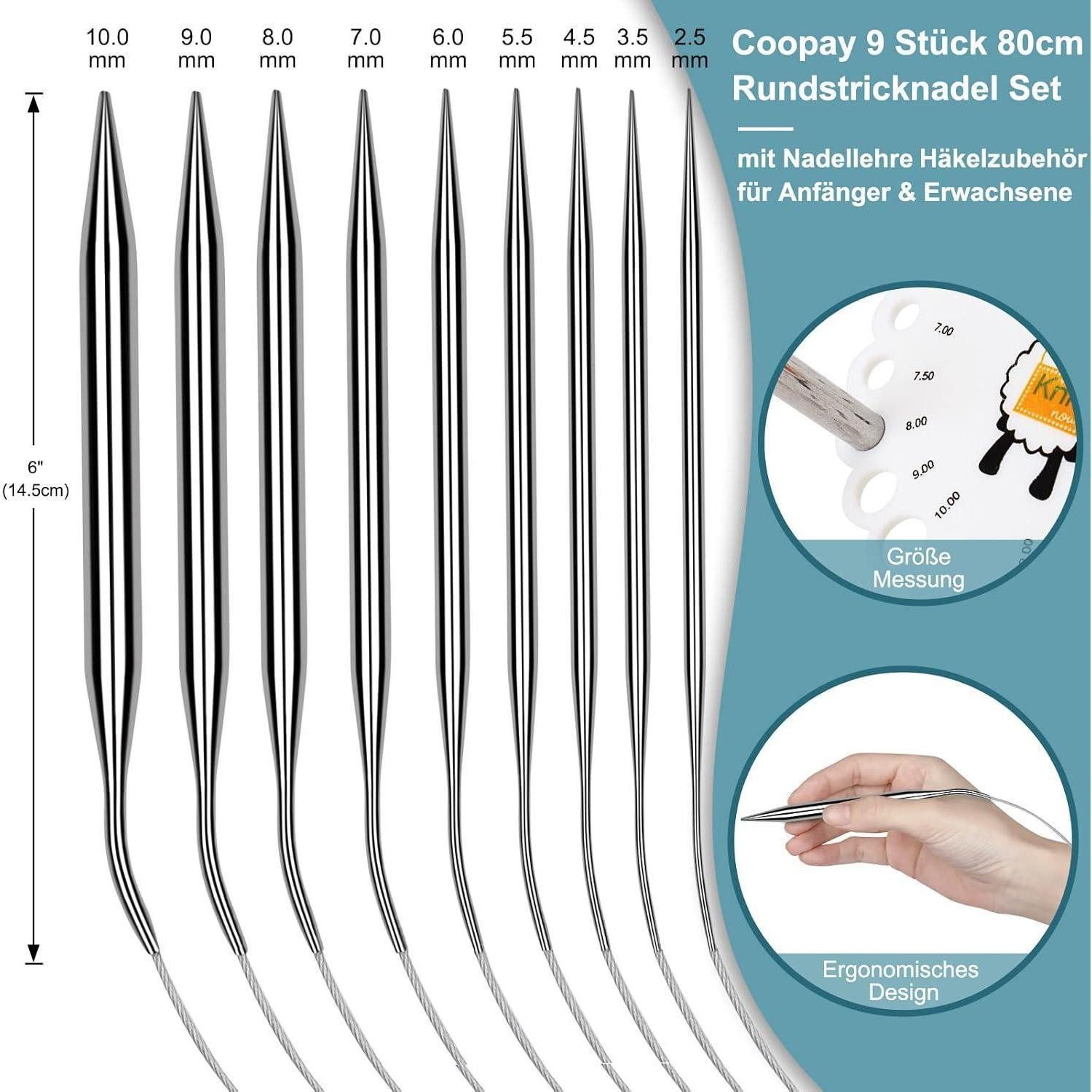 LuxusKollektion Rundstricknadeln Edelstahl Rundstricknadeln Set 80 cm mit Tasche, 9 Stück, Nadellehre