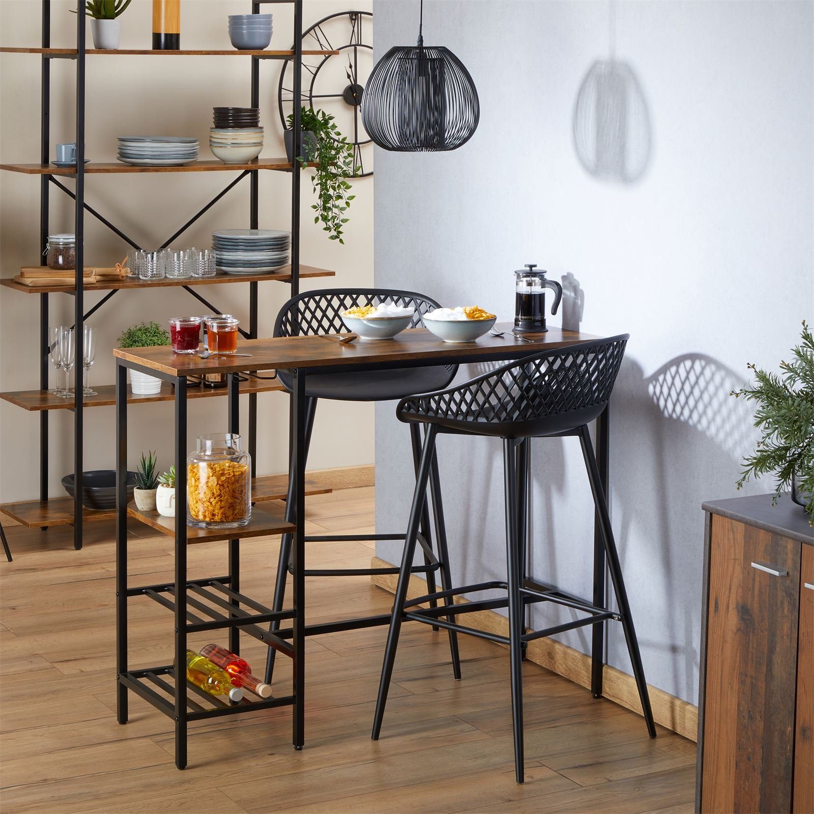 CARO-Möbel Säulen-Esstisch NELAS, Bartisch Industrial Stil aus Metall und MDF mit 3 Ablagen und Weinglas