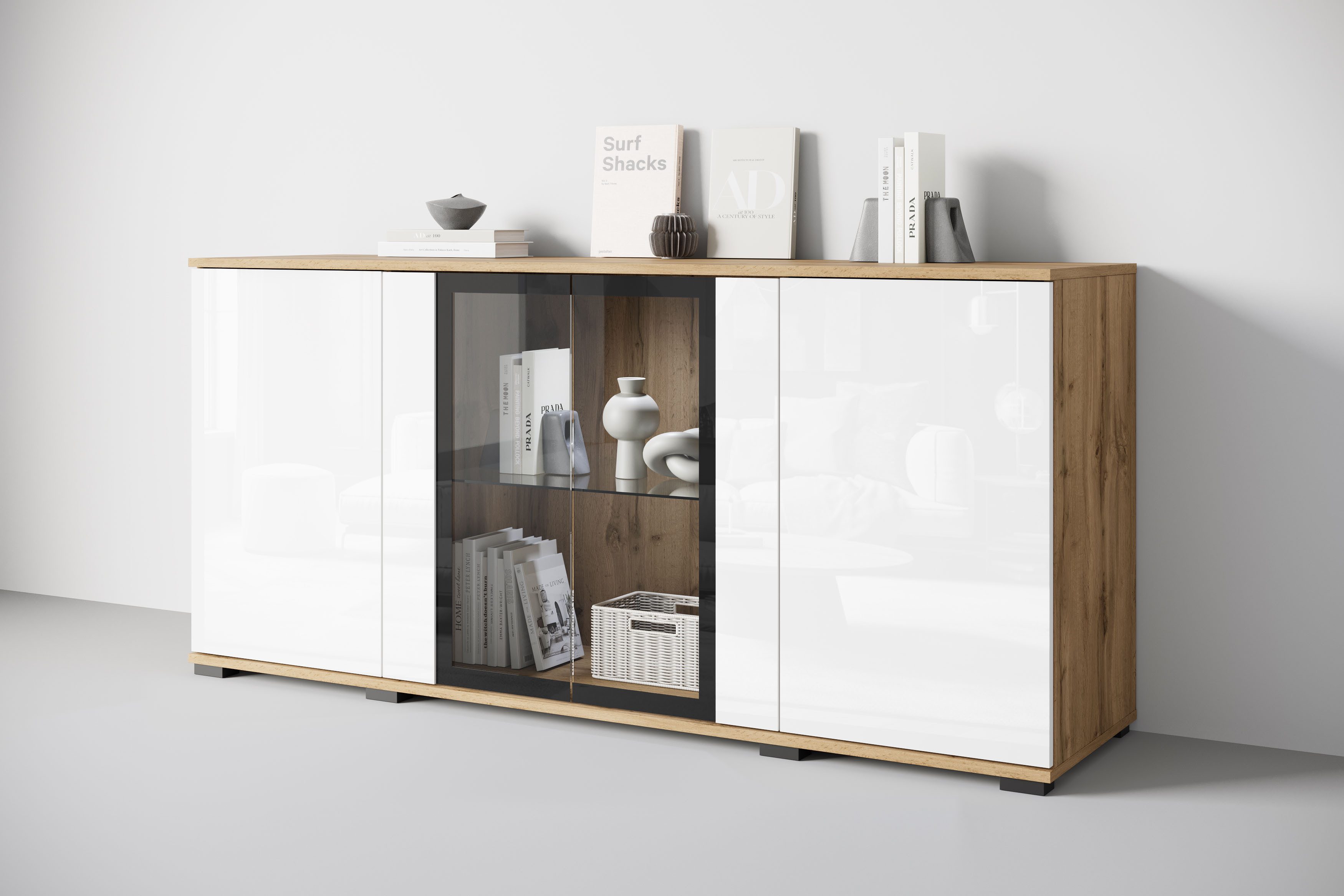 Home affaire Sideboard Caro, modernes Design mit Glaseinsätzen, Breite 150 cm (1 St), Grifflose Fronten mit Push-to-Open, höhenverstellbare Einlegeböden