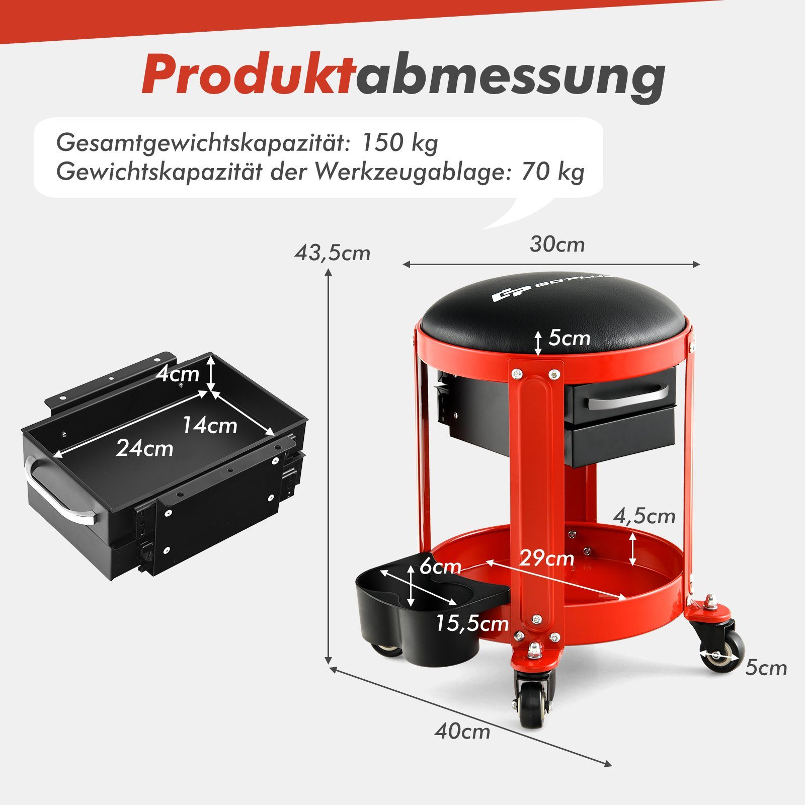 Werkstatthocker, Ablage 2 Rollen mit & Werkstattwagen COSTWAY Schubladen,